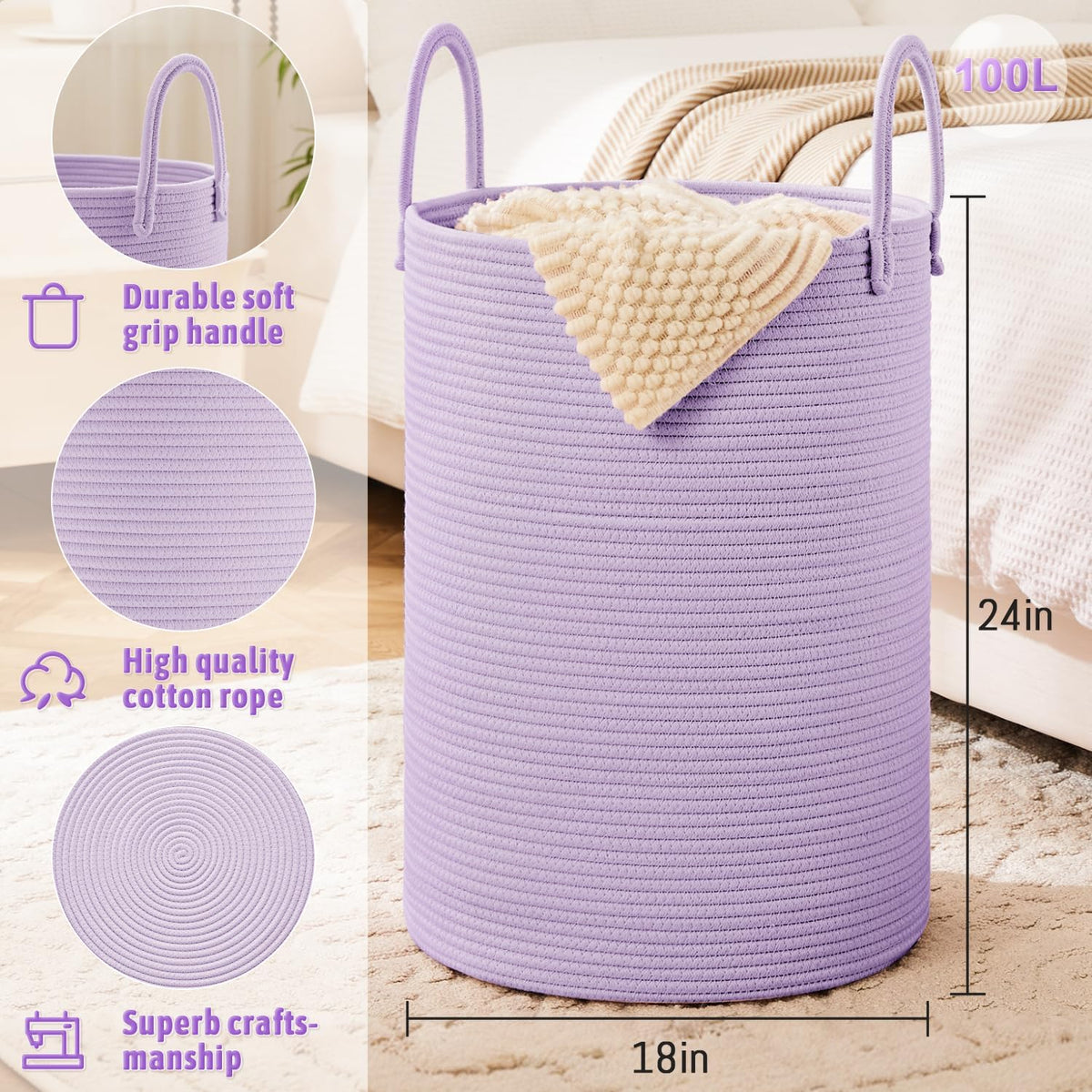 Laundry Basket,Woven Cotton Rope Laundry Hamper,100L for Decorative Storage of Dirty Clothes,Toys