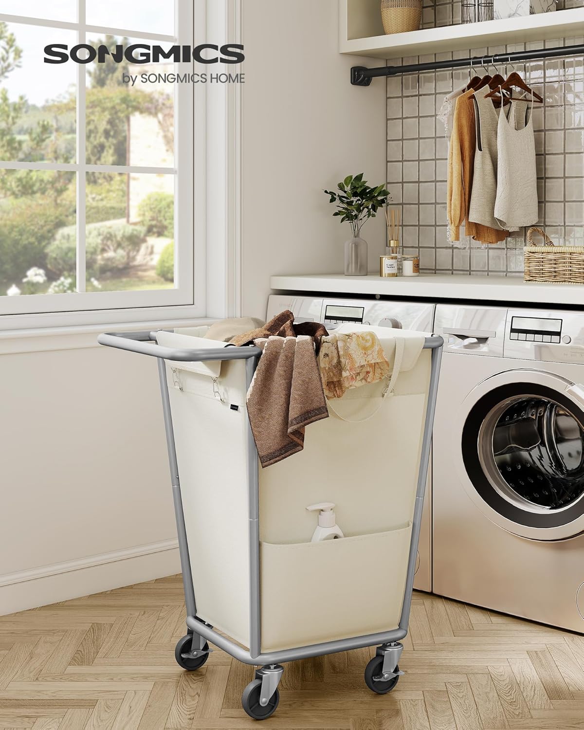 SONGMICS Laundry Basket with Wheels, 34.3 Gallons (130 L) Rolling Laundry Hamper with Removable