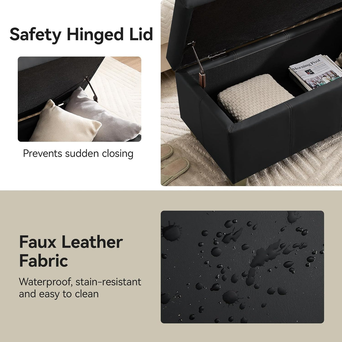 51" Faux Leather Storage Ottoman, Stitch Tufted Rectangle Upholstered End of Bed Storage Bench