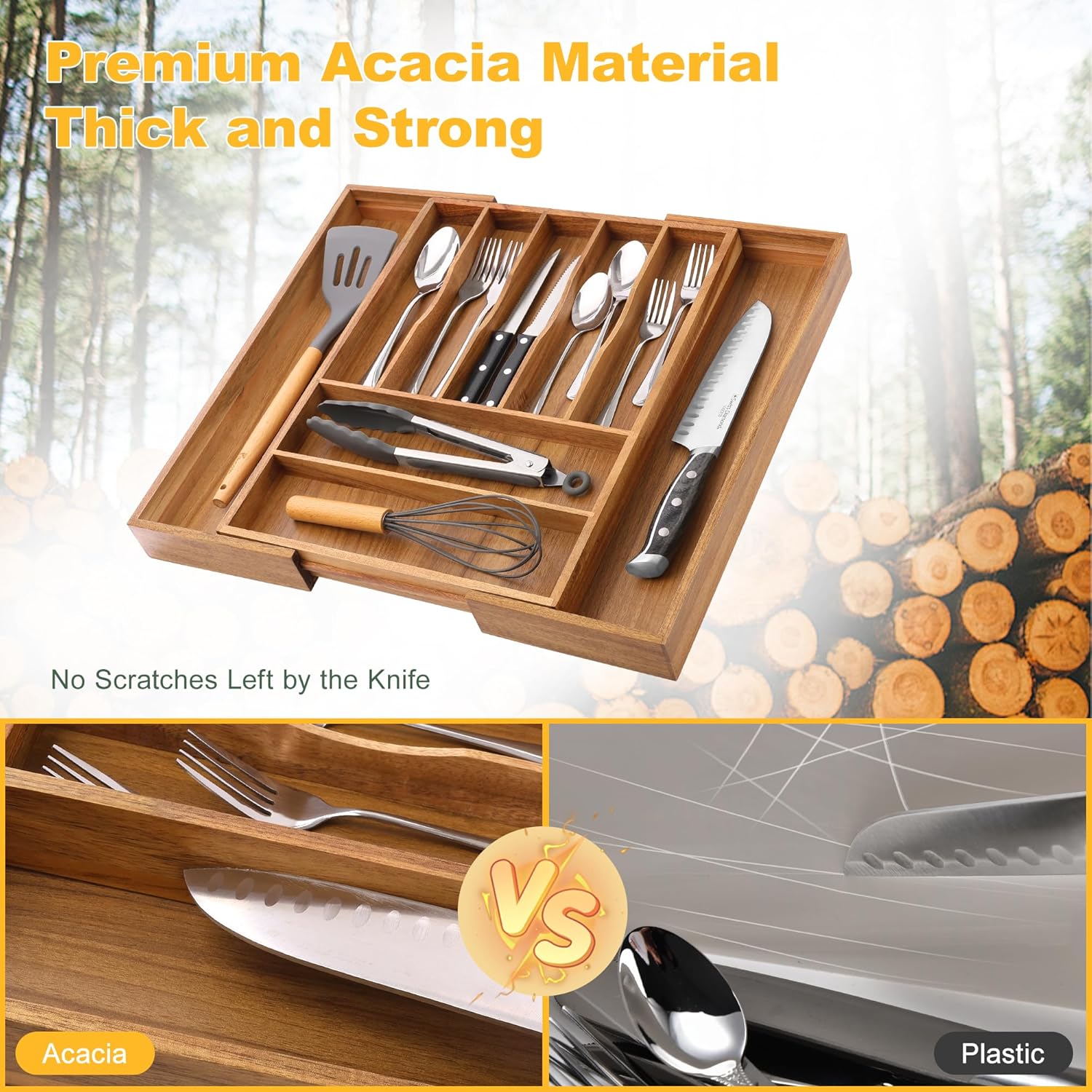 Large Premium Acacia Silverware Organizer - Expandable Drawer Organizer & Utensil Organizer