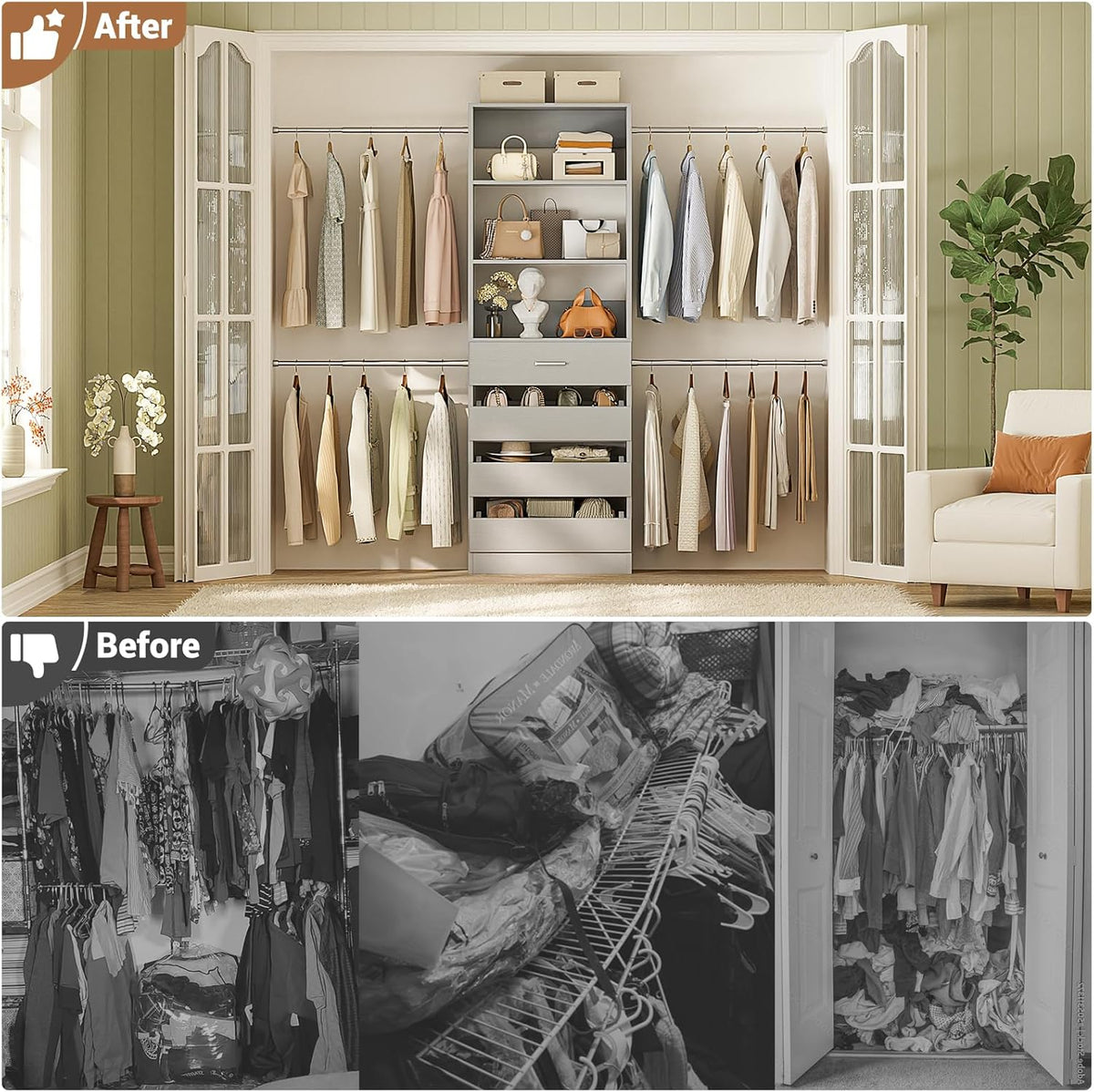 Aheaplus Closet System, 4-9Ft Closet Organizer with 4 Wooden Drawers, Wood Closet Organizer System