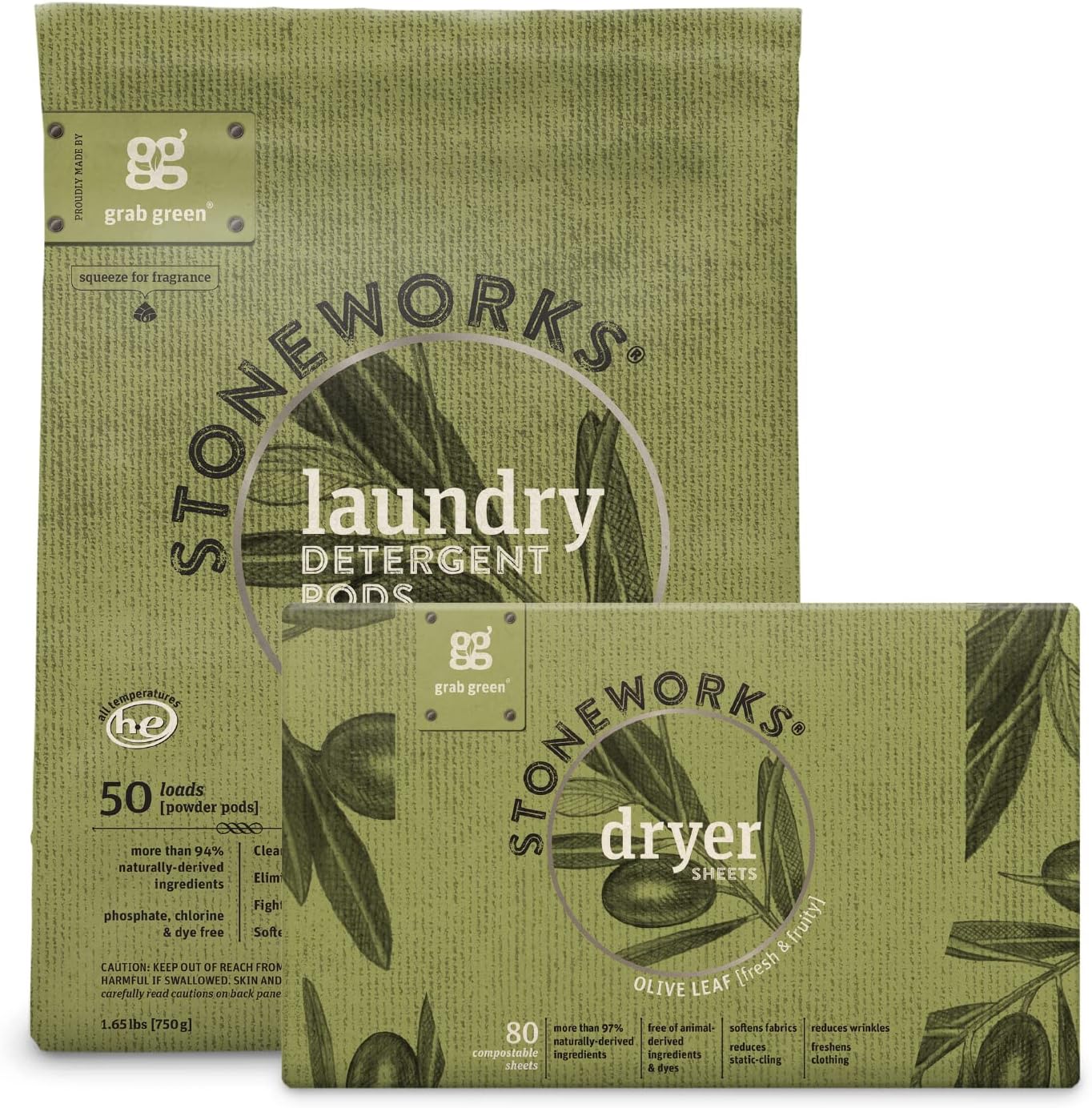 Grab Green Stoneworks Laundry Detergent Pods and Dryer Sheet Bundle, 50 Count Pods and 80 Dryer