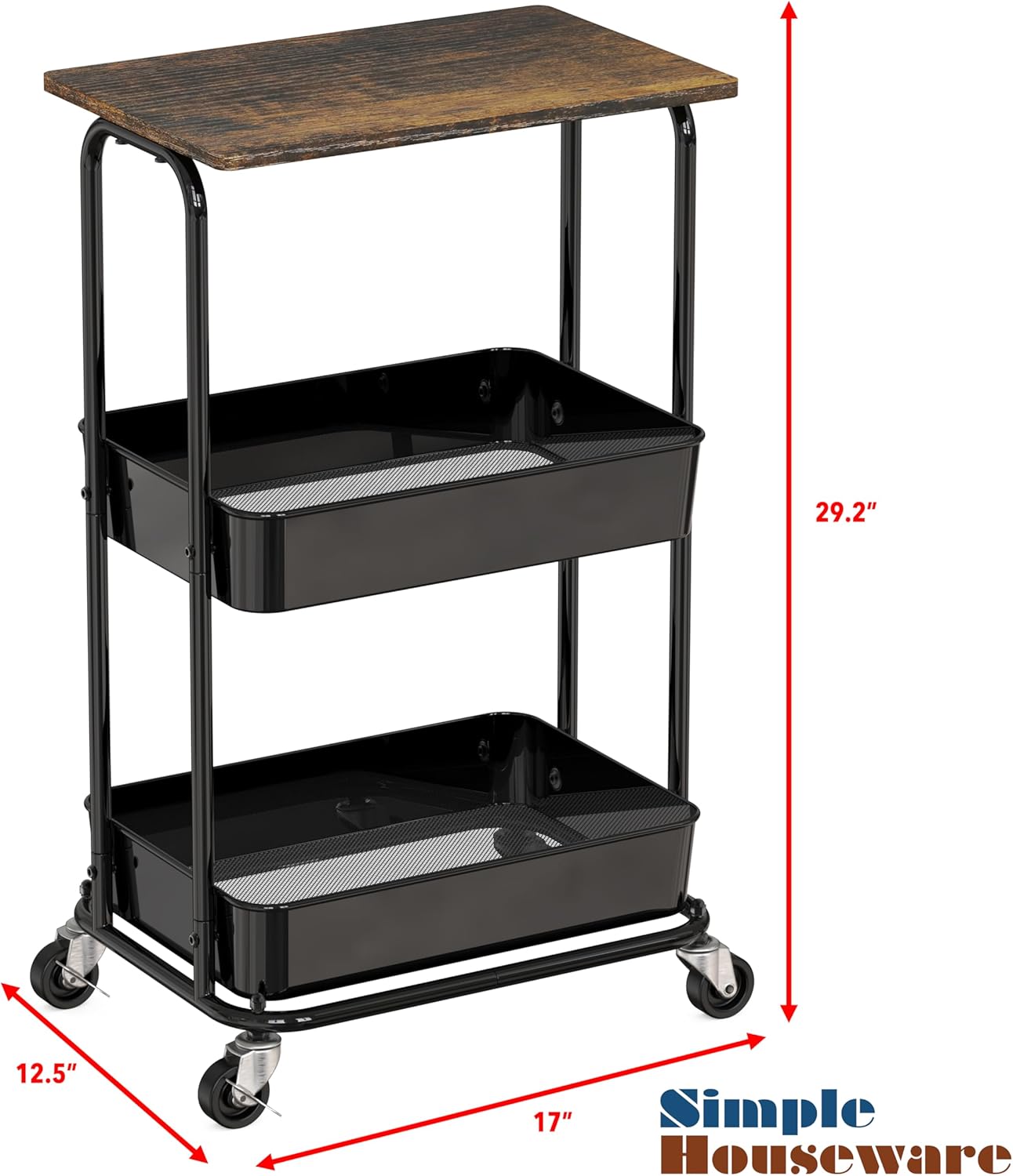 Simple Houseware 2-Tier Rolling Utility Cart with Lockable Wheels and Wood Top, Metal Storage