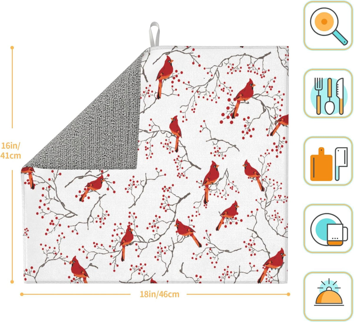 Cardinal Bird Red Berry Decor Kitchen Drying Mat Cute Microfiber Dish Drainer Mat for Kitchen