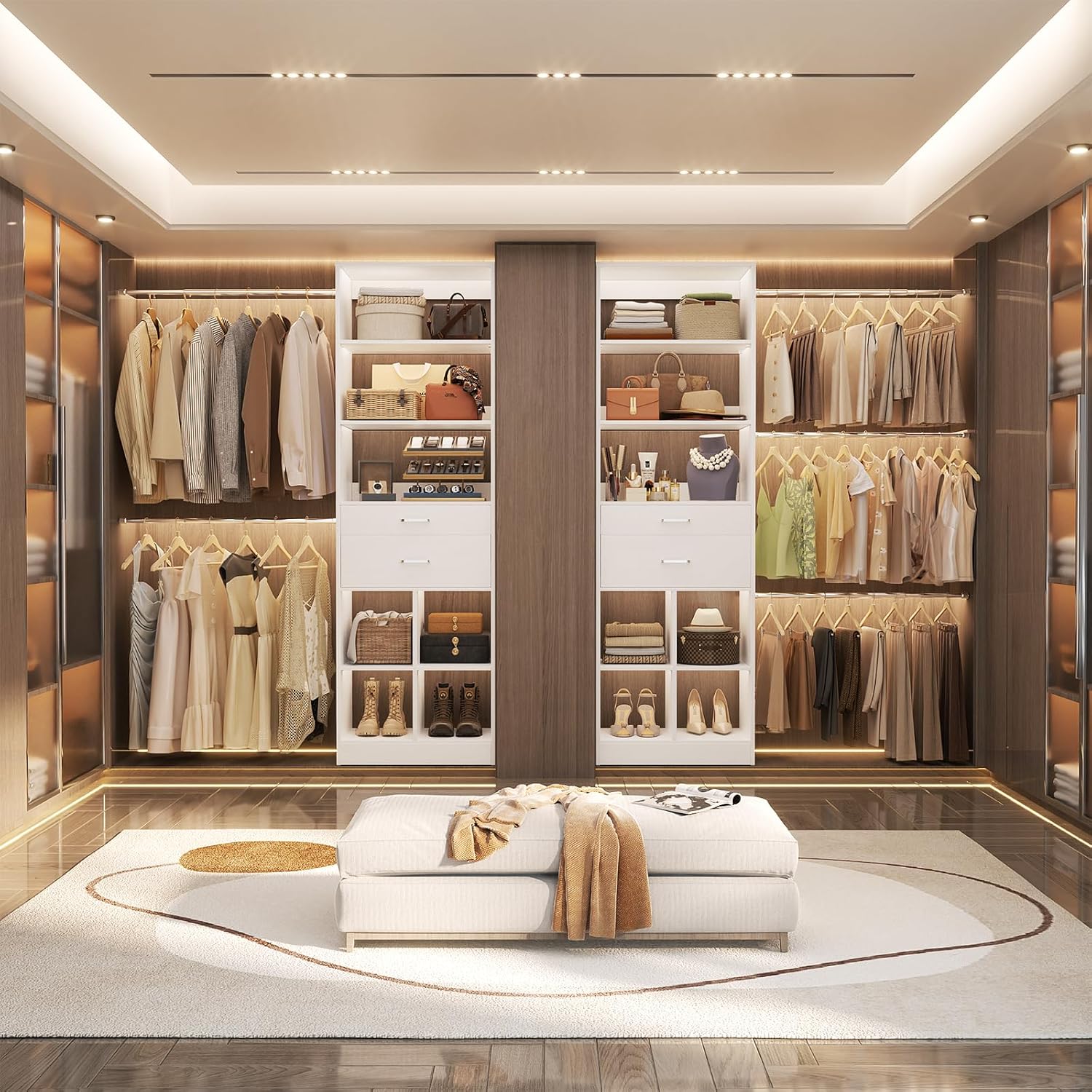 Closet System, 4-8 FT Closet Organizer Tower with 2 Wooden Drawers and Shelves, Can Fit 60 to 96