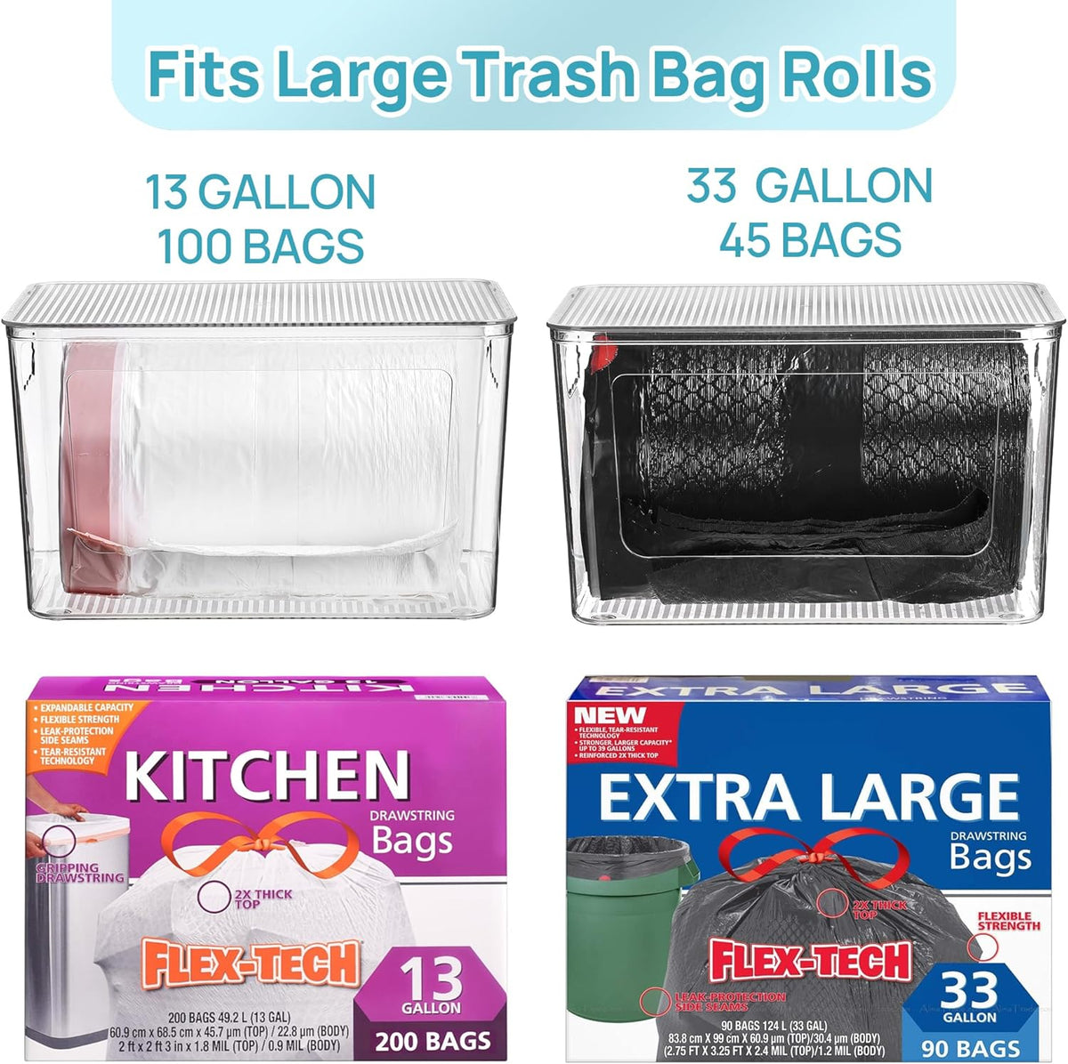 Vtopmart 2 Pack Trash Bag Holder, Stackable Garbage Bag Dispenser for 13/30/33 Gallon Bags, Clear