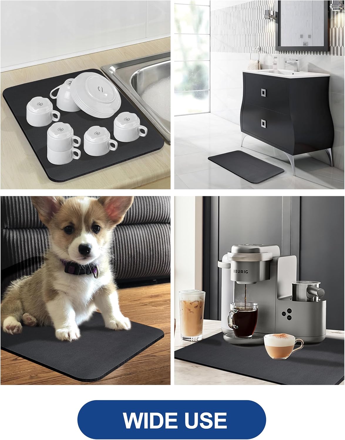 Dish Drying Mat for Kitchen Counter, 12"x19" Dish Drying Pad with Non-slip Rubber Backed, Hide