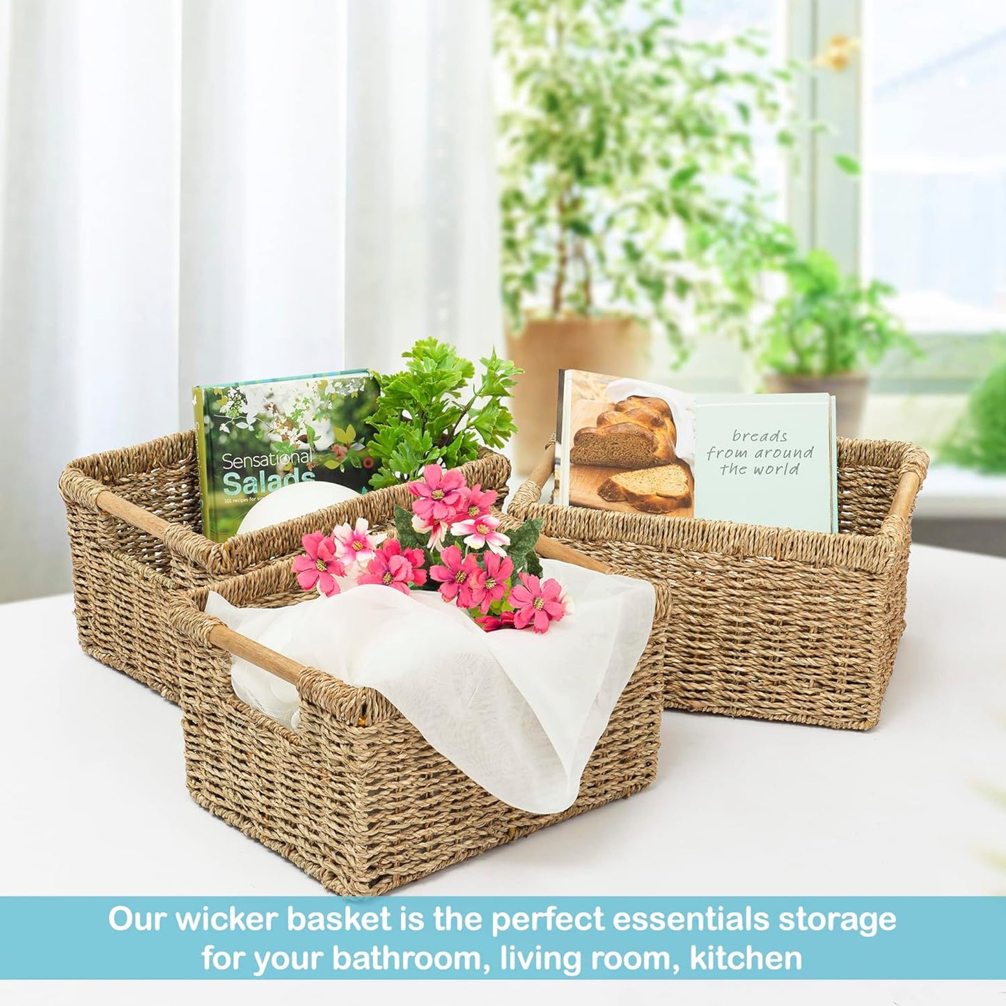 Natural Seagrass Basket with Wooden Handle, Medium Rectuangular Wicker Basket for Living Room 12.2