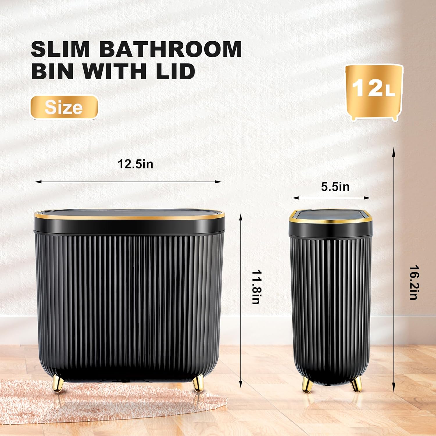 Bathroom Trash Can with Lid 3.1 Gallon Narrow Trash Can Small Plastic Trash Bin 12 Liter