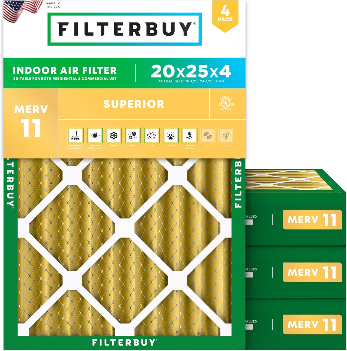 Filterbuy 20x25x4 Air Filter MERV 11 (MPR 1200) Allergen Defense Replacement (4-Pack)