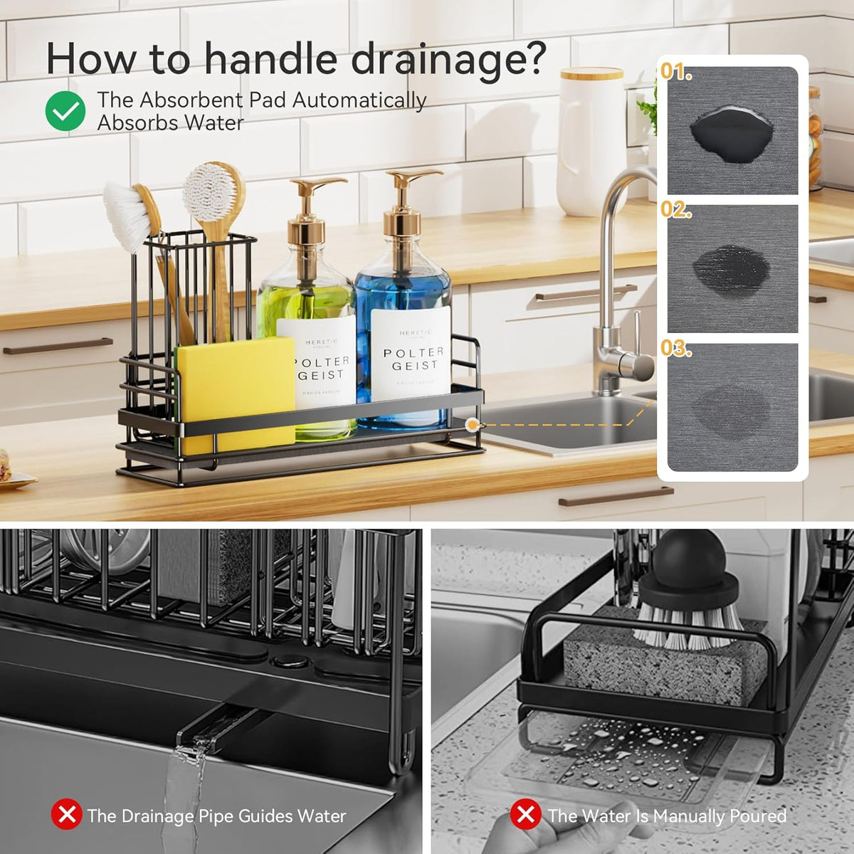 Yofidra Sink Caddy with Stone Drying Tray: Stainless Steel Soap Dispenser Kitchen Sink Organizer