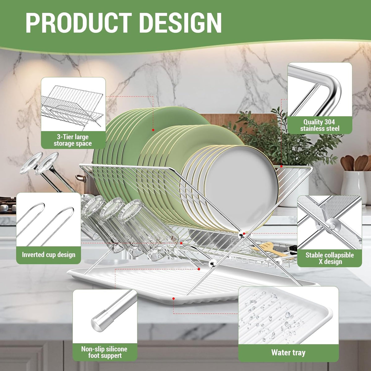 Dish Rack with Drip Tray, Stainless Steel 3-Tier Collapsible Drainer Dish Drying Rack for Kitchen
