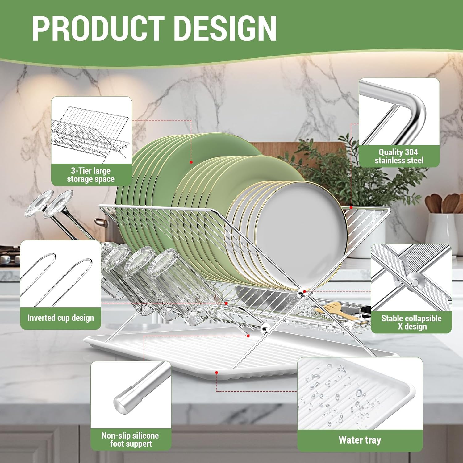 Dish Rack with Drip Tray, Stainless Steel 3-Tier Collapsible Drainer Dish Drying Rack for Kitchen