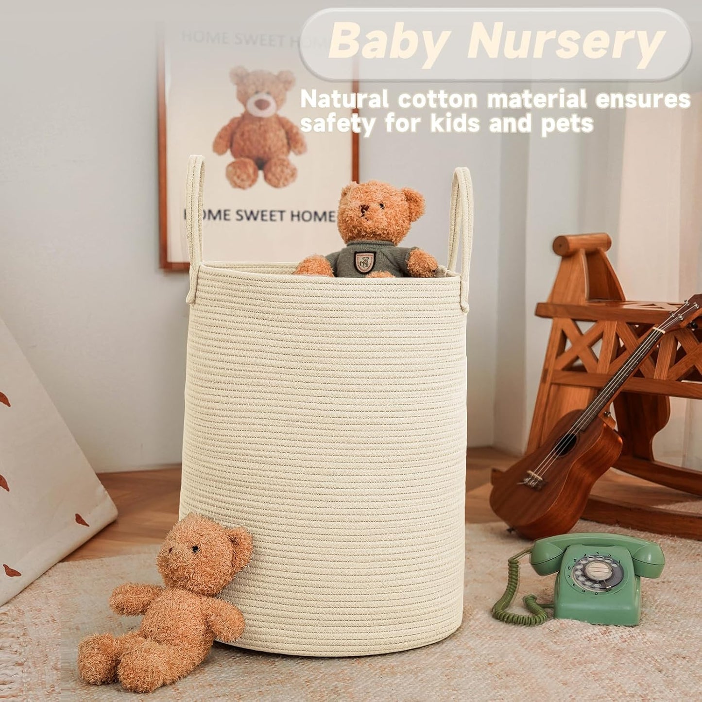 Large Woven Laundry Basket Hamper,80L Cotton Rope Storage Bin for Blankets,Toys and