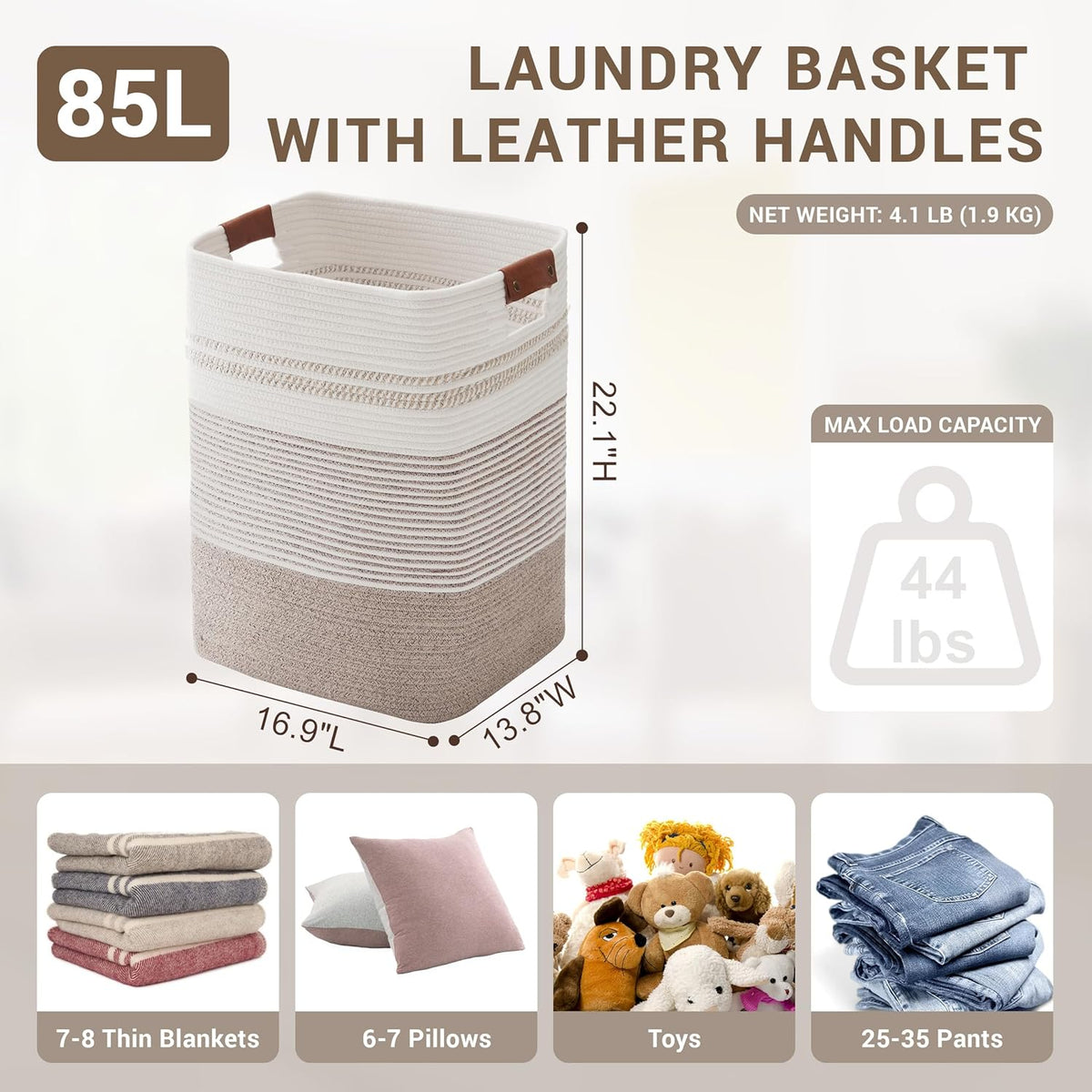85L Tall Laundry Hamper with Handles for Living Room Storage, Extra Large Woven Rope Baskets Bin