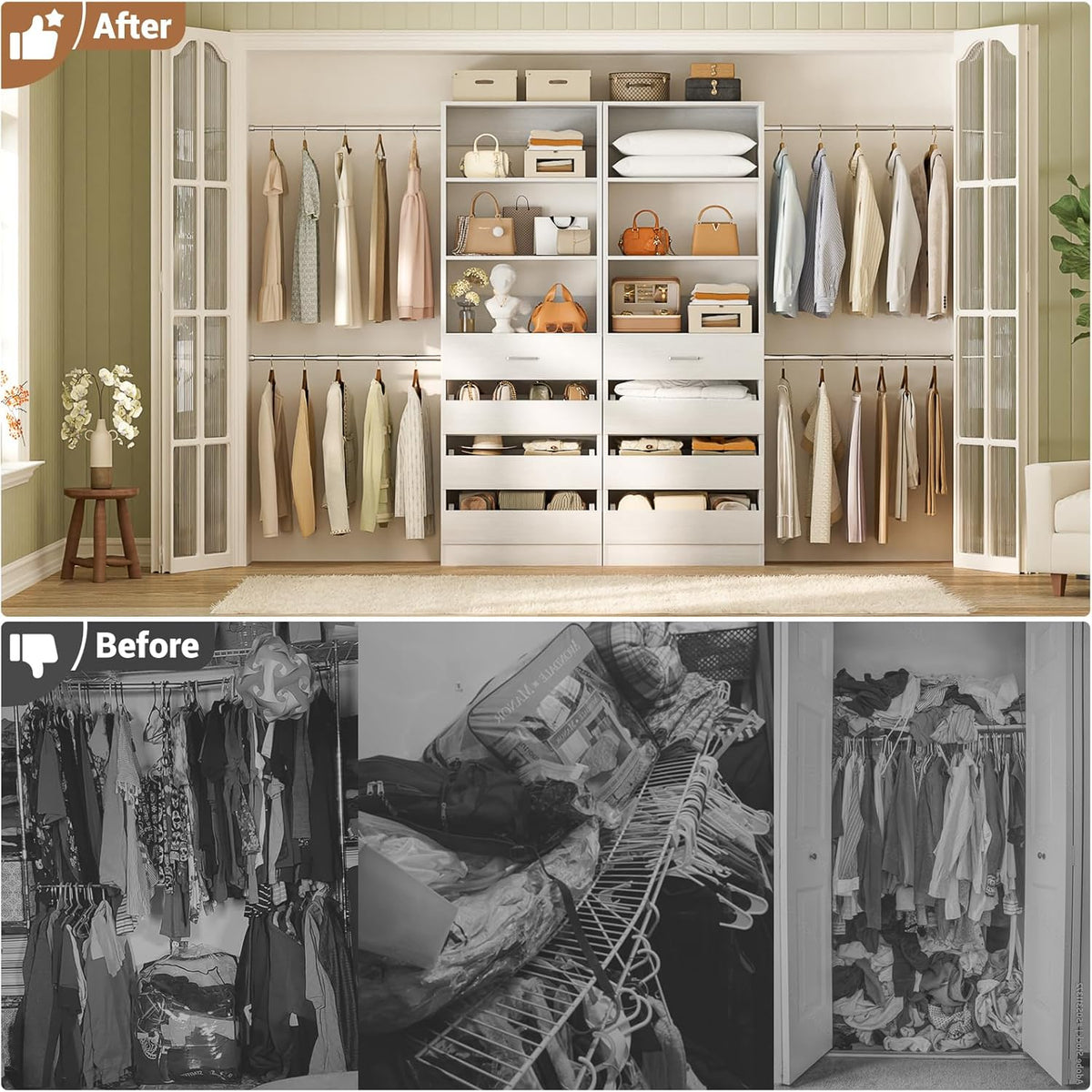 Aheaplus Closet System, 6-15Ft Closet Organizer with 8 Wooden Drawers, Wood Closet Organizer System
