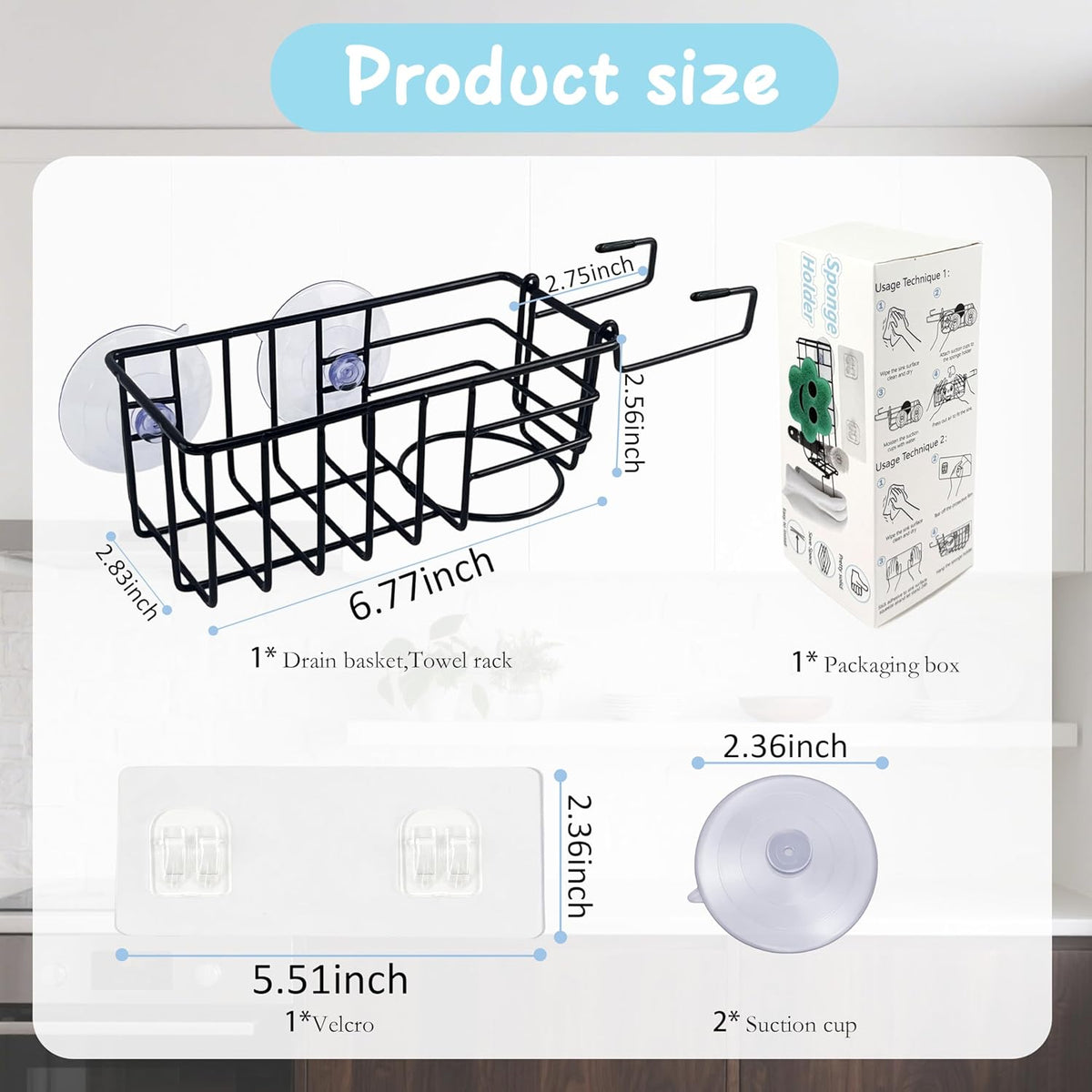 Sponge Holder with Dish Cloth Hanger for Kitchen Sink, In-sink Caddy Organizer with Suction Cups &