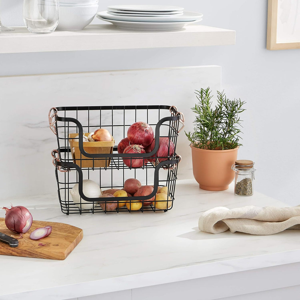 Amazon Basics Stackable Metal Wire Rectangular Storage Basket Set For Kitchen or Bathroom, 2 Count