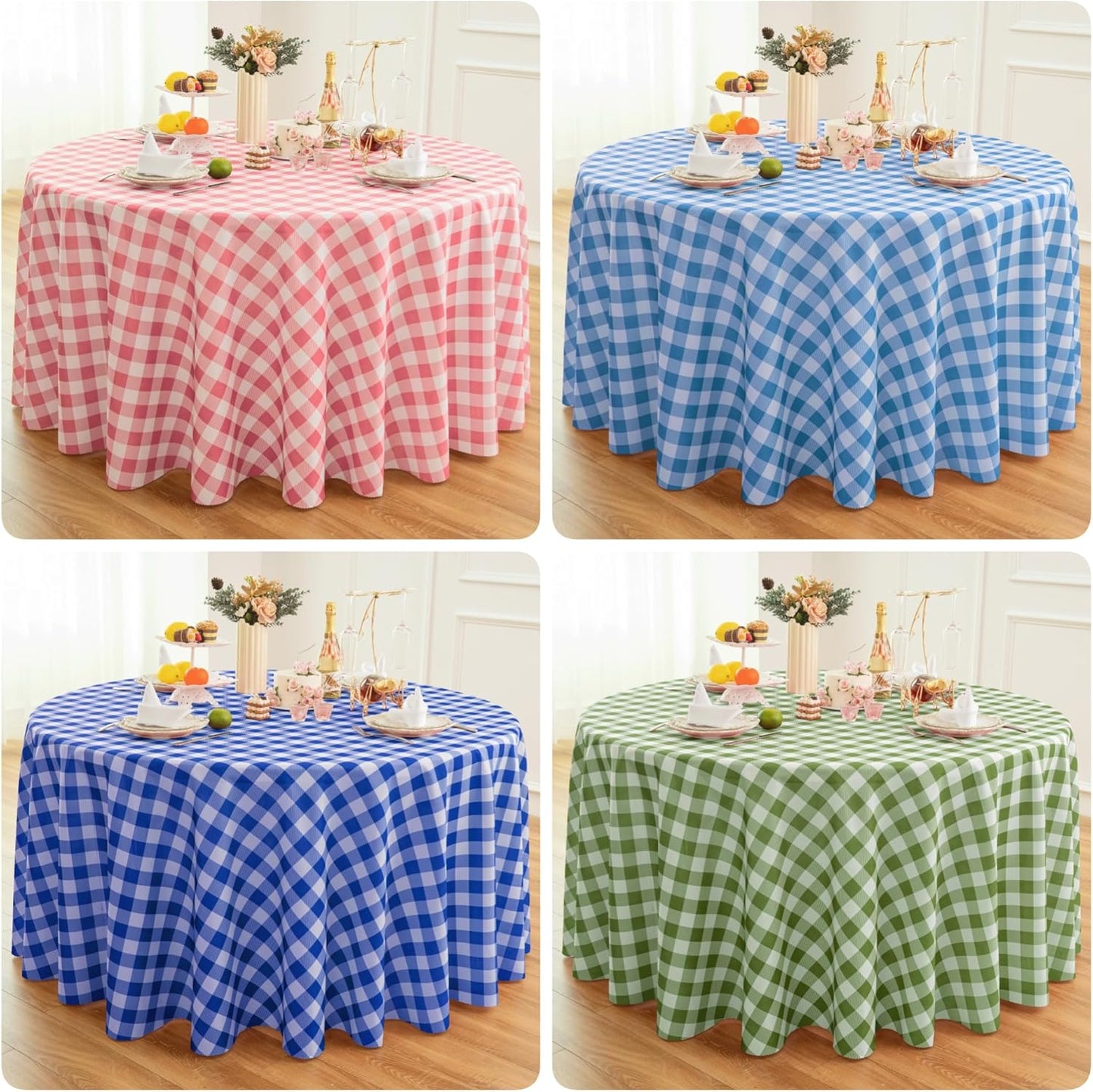 Waterproof Plaid Tablecloth Fabric - Round 108 Inch Classic Gingham Checker Table Cloth for