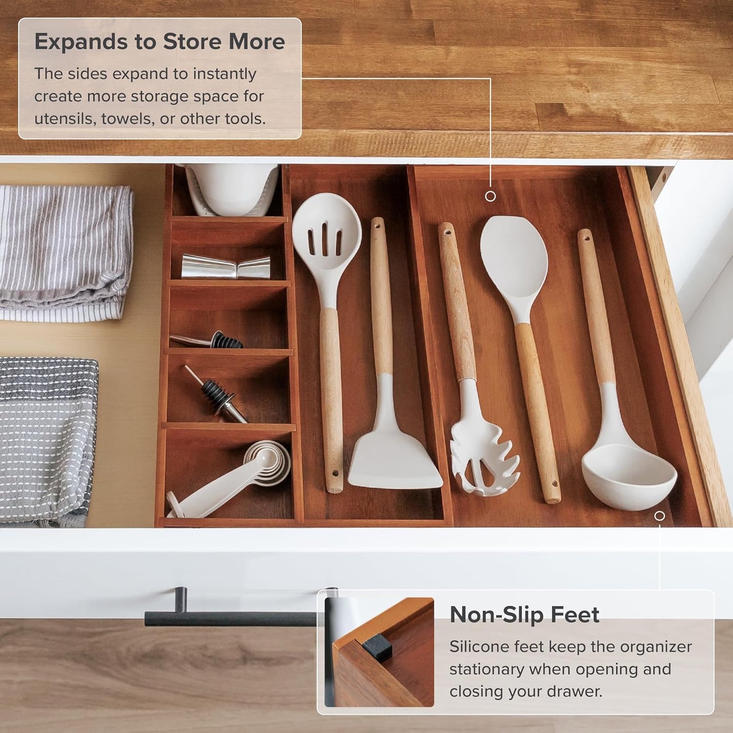 KitchenEdge Adjustable Kitchen Drawer Organizer for Utensils and Junk, Food-Safe Contract Grade