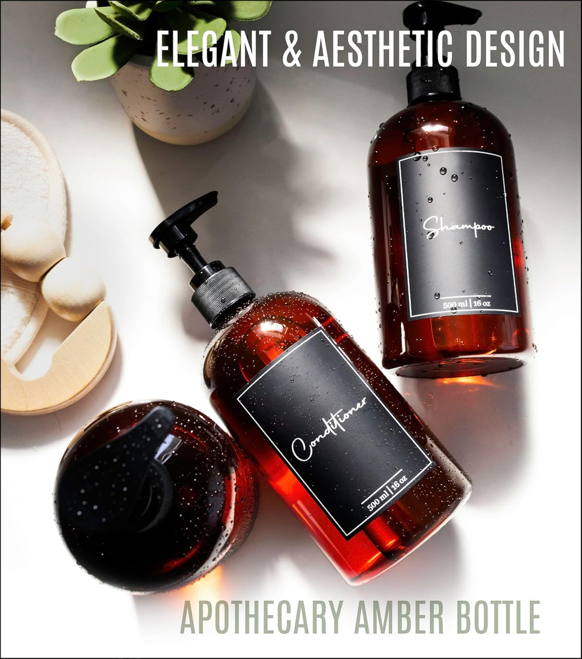 Alora 5-in-1 Apothecary Bottles for Home & Commercial Use - 16oz Elegant 8.5x3in Refillable Amber