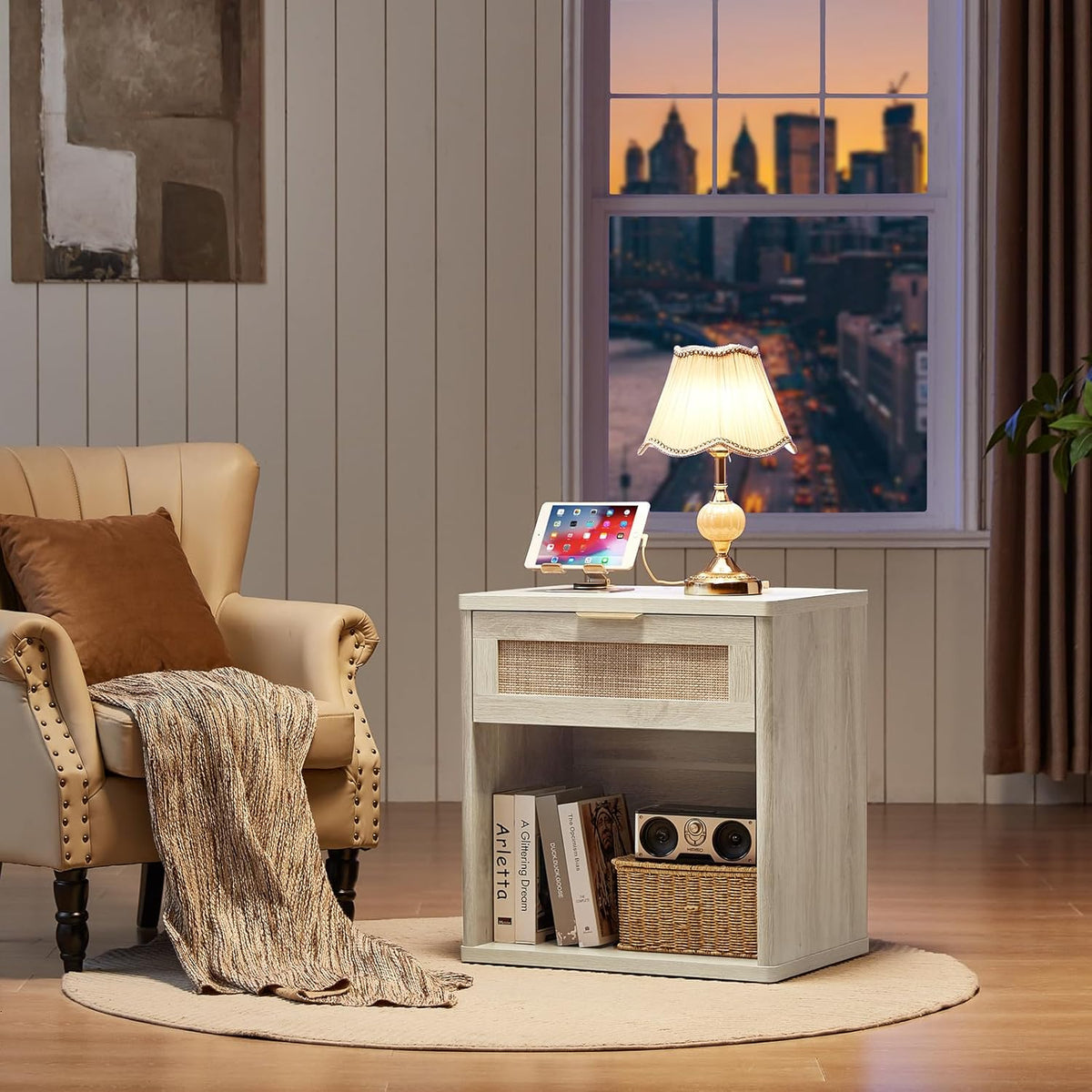 LEYAOYAO Rattan Nightstand with Charging Station, 23" Wide Boho Night Stand with Drawer, Grey White