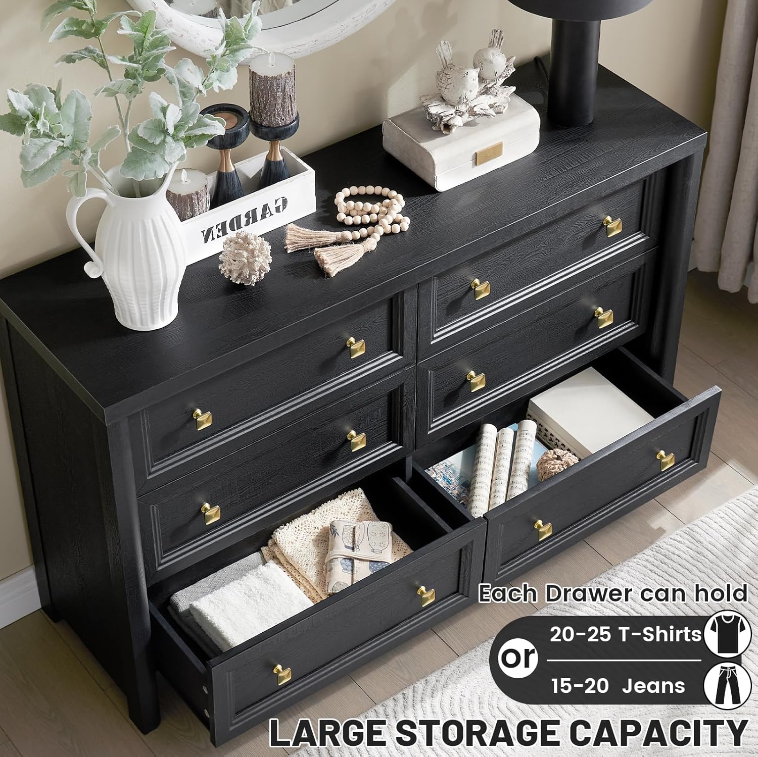 Black Dresser, Farmhouse 6 Drawer Dresser for Bedroom, 52 inch Wide Dressers with Deep Drawers