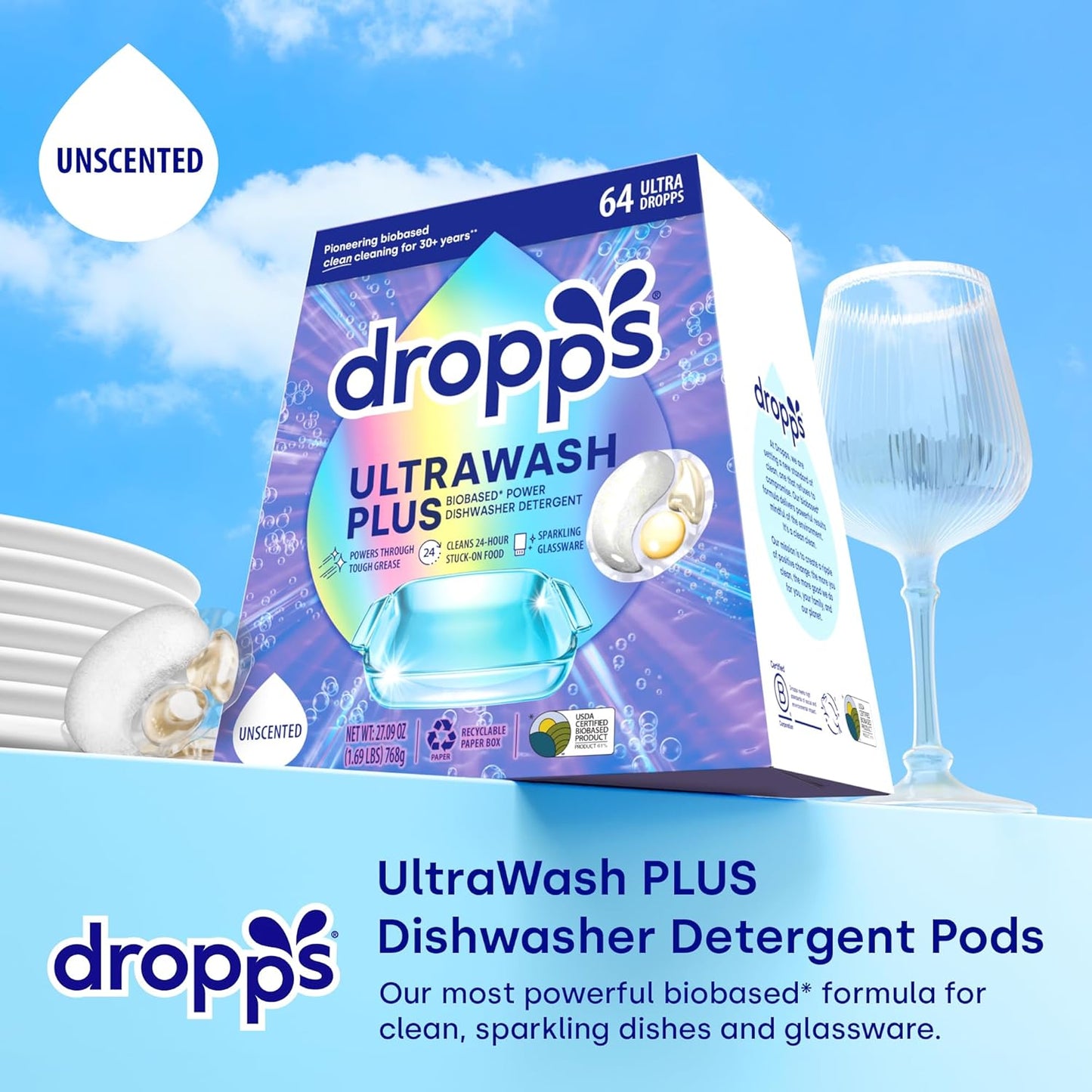 Dropps UltraWash Plus Dishwasher Detergent, Unscented (64 Pods) - Triple Action Biobased Power Deep