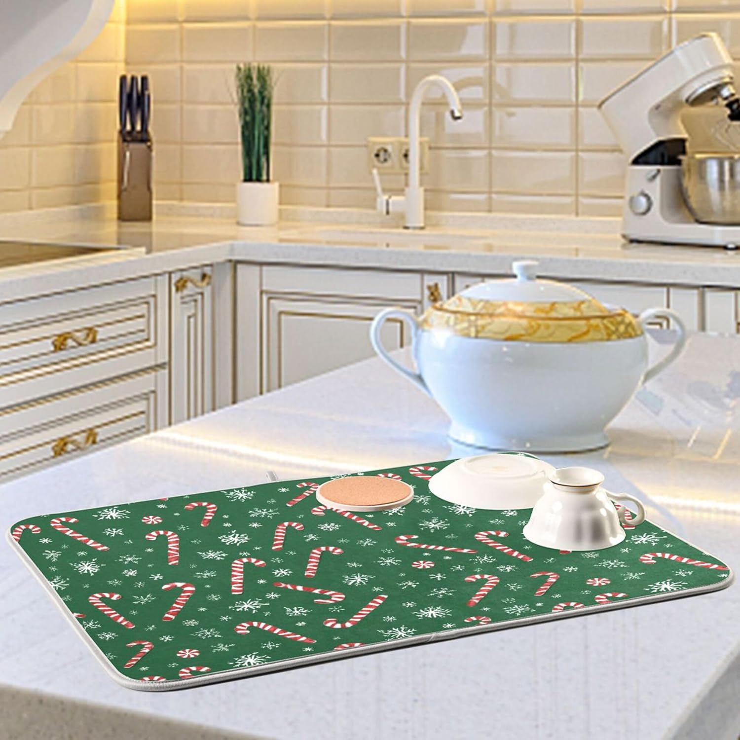 Christmas Candy Cane Dish Drying Mat for Kitchen Countertop 18x24 Winter Snowflake Green Xmas Large