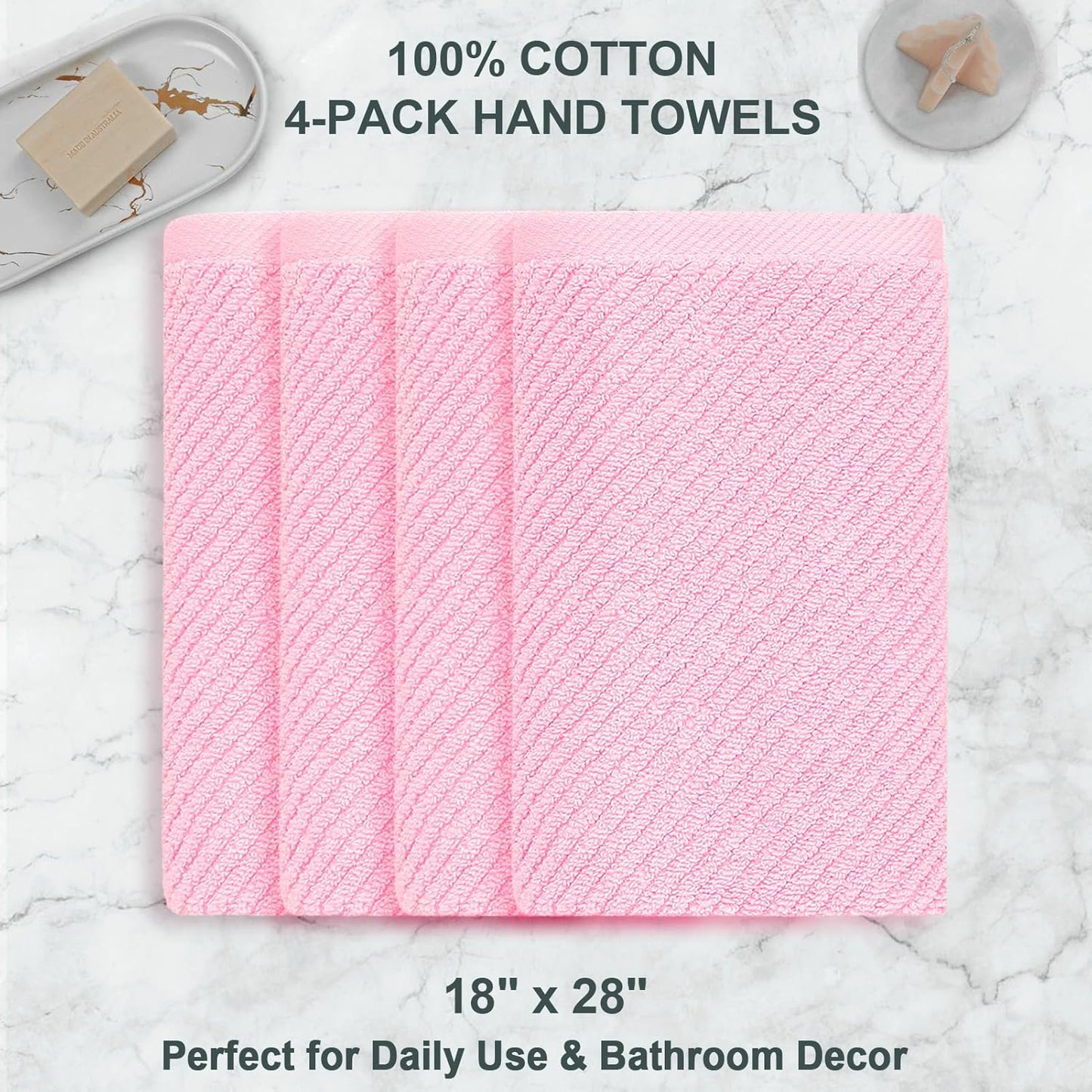 VOOVA & MOVAS Pink Bathroom Hand Towels Set of 4, Large 18" x 28" - 100% Cotton | Quick Dry | Light