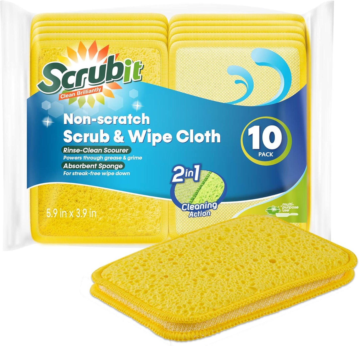 Scrub and Wipe Cleaning Pads [10 Pack] – SCRUBIT Dual Sided Scouring Pad and Sponge - Reusable