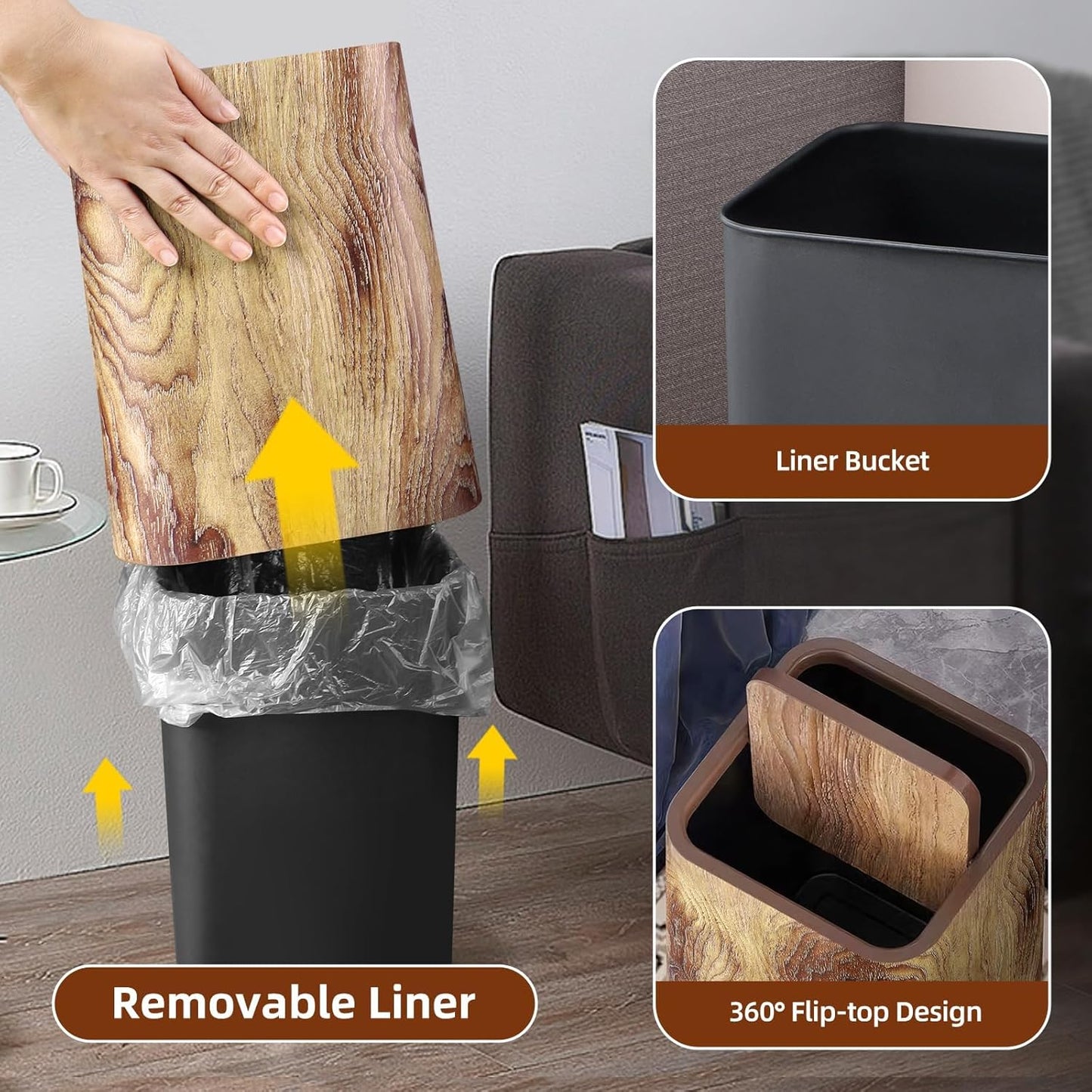 Wood Grain Plastic Trash Can Swing Top Lid, 4Gal/15L Farmhouse Wastebasket Bin Retro Style with