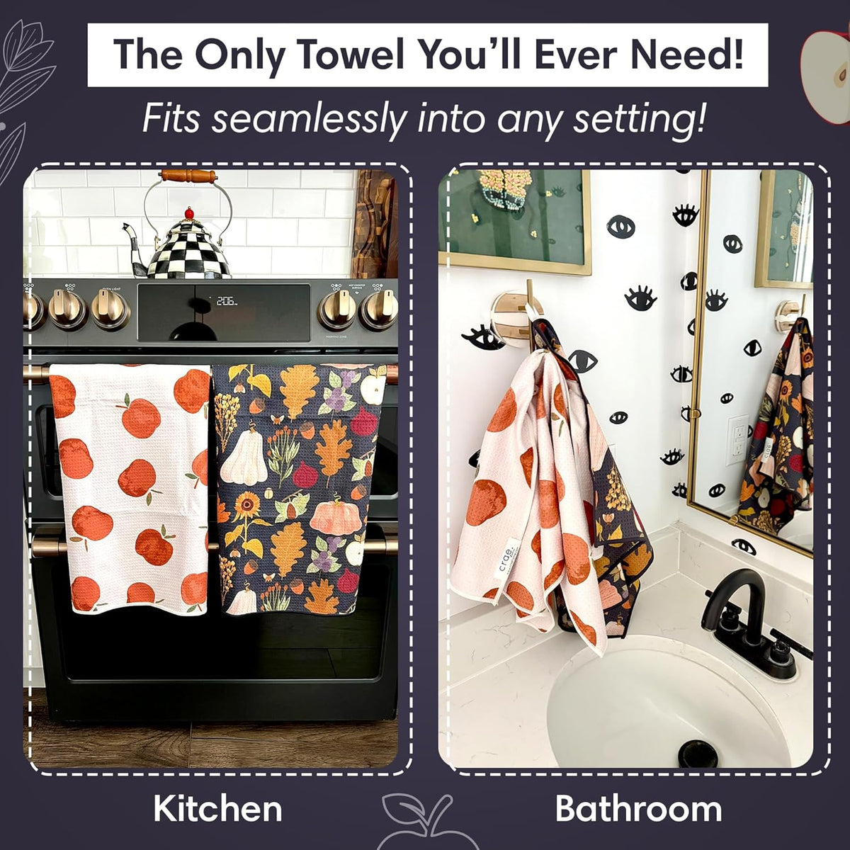 2 Double Sided Microfiber Hand Towels, 17x27 Inches Waffle Design Kitchen Towels Set, Durable &