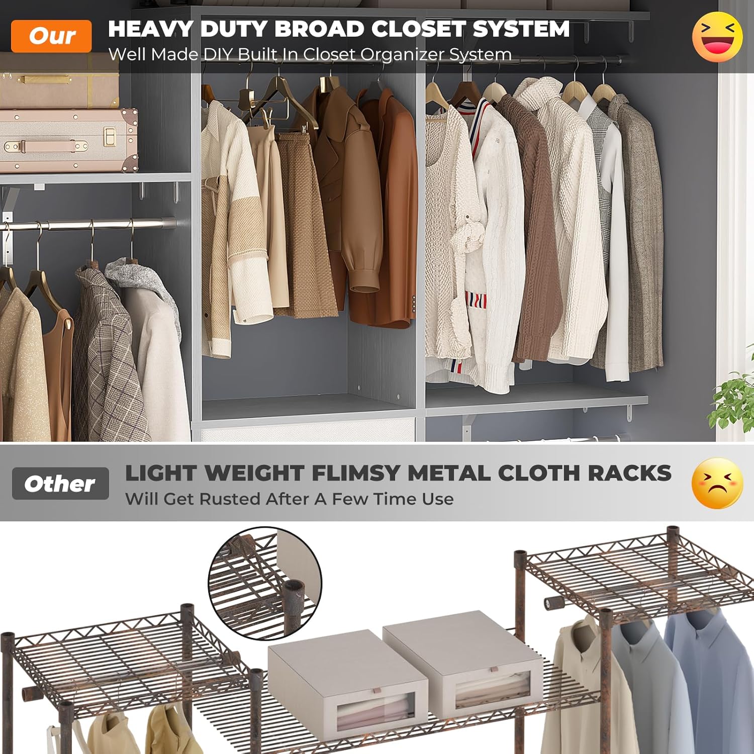 Armocity 5FT Small Closet System with 3 Fabric Drawers, 60 Inches Walk In Closet Organizer System