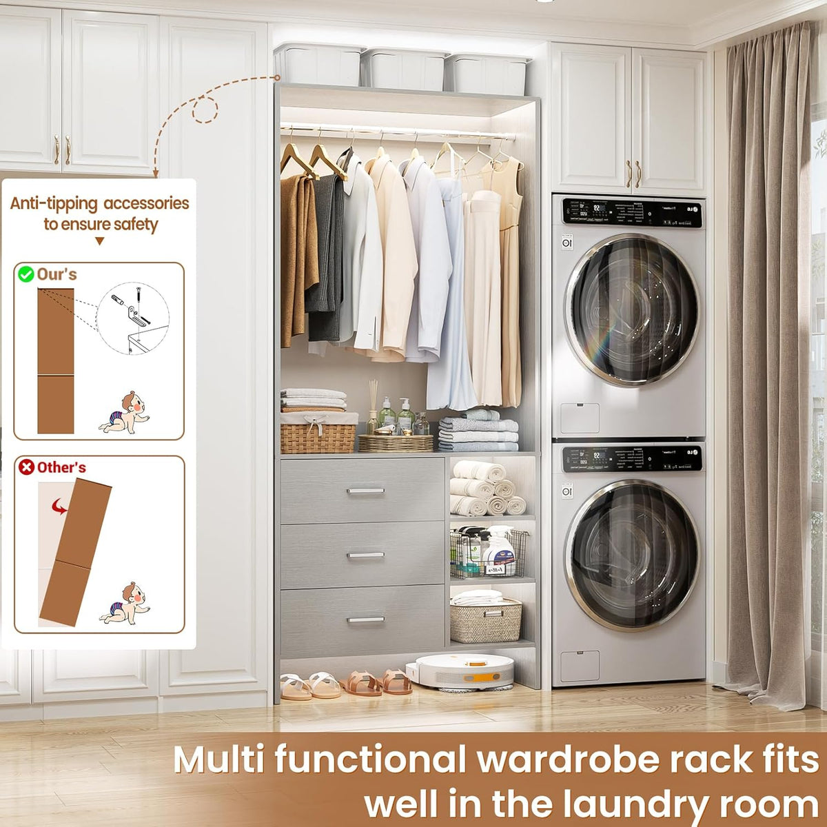 Aheaplus 2.5FT Closet System with 3 Drawers, 29.5’’ Closet Organizer, Wood Closet Organizer System