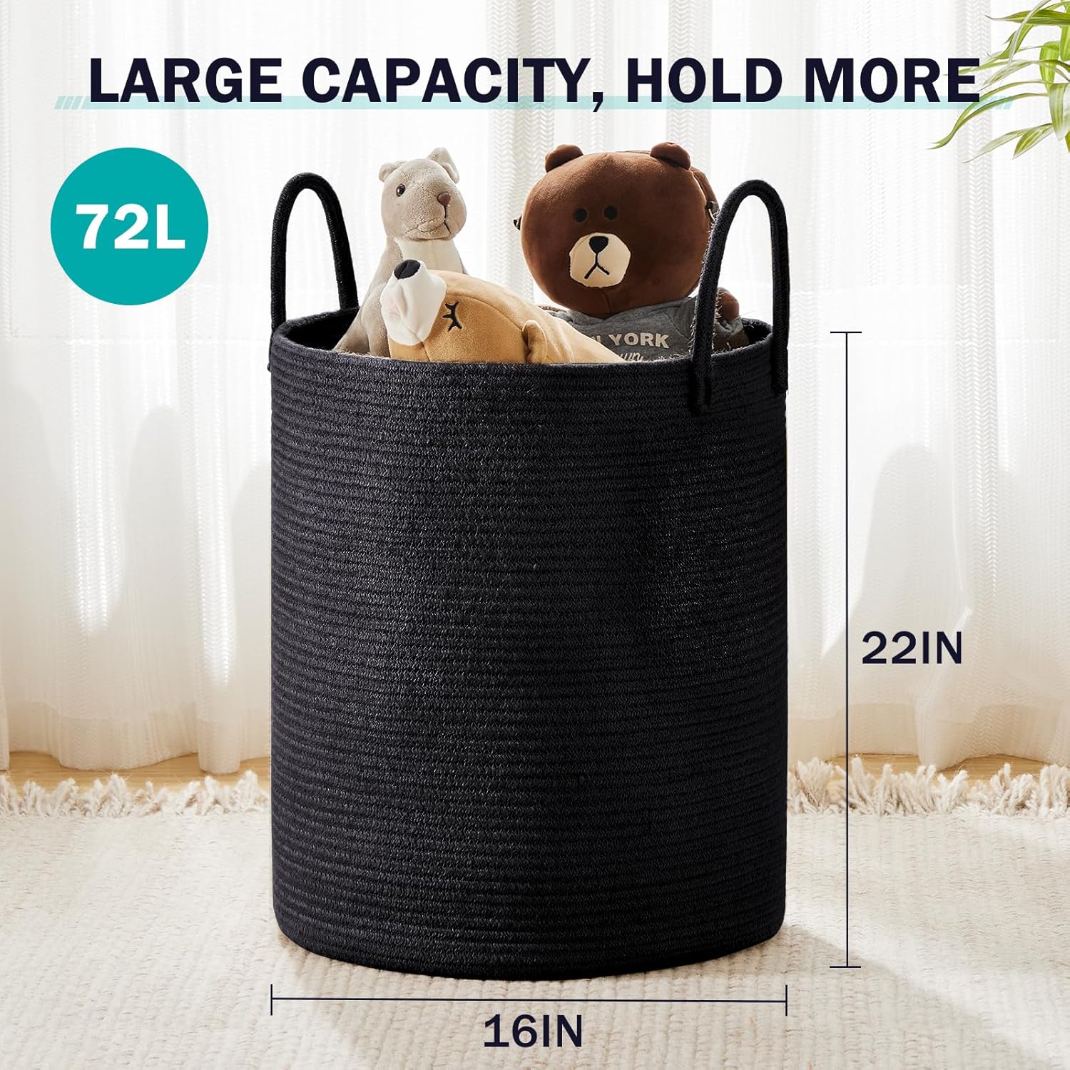 YOUDENOVA Woven Rope Laundry Hamper Basket, 72L Tall Luandry Basket, Baby Nursery Hamper for