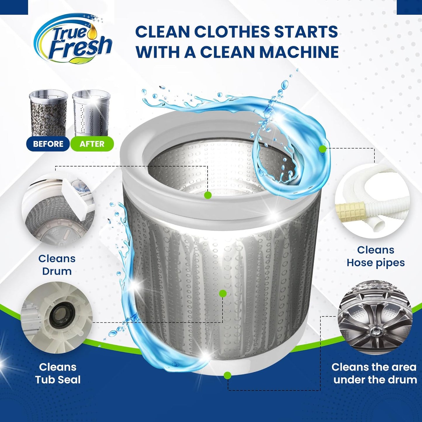 True Fresh Washing Machine Cleaner Tablets – 25-Pack Deep Cleaning for Front Loader, Top Load & HE
