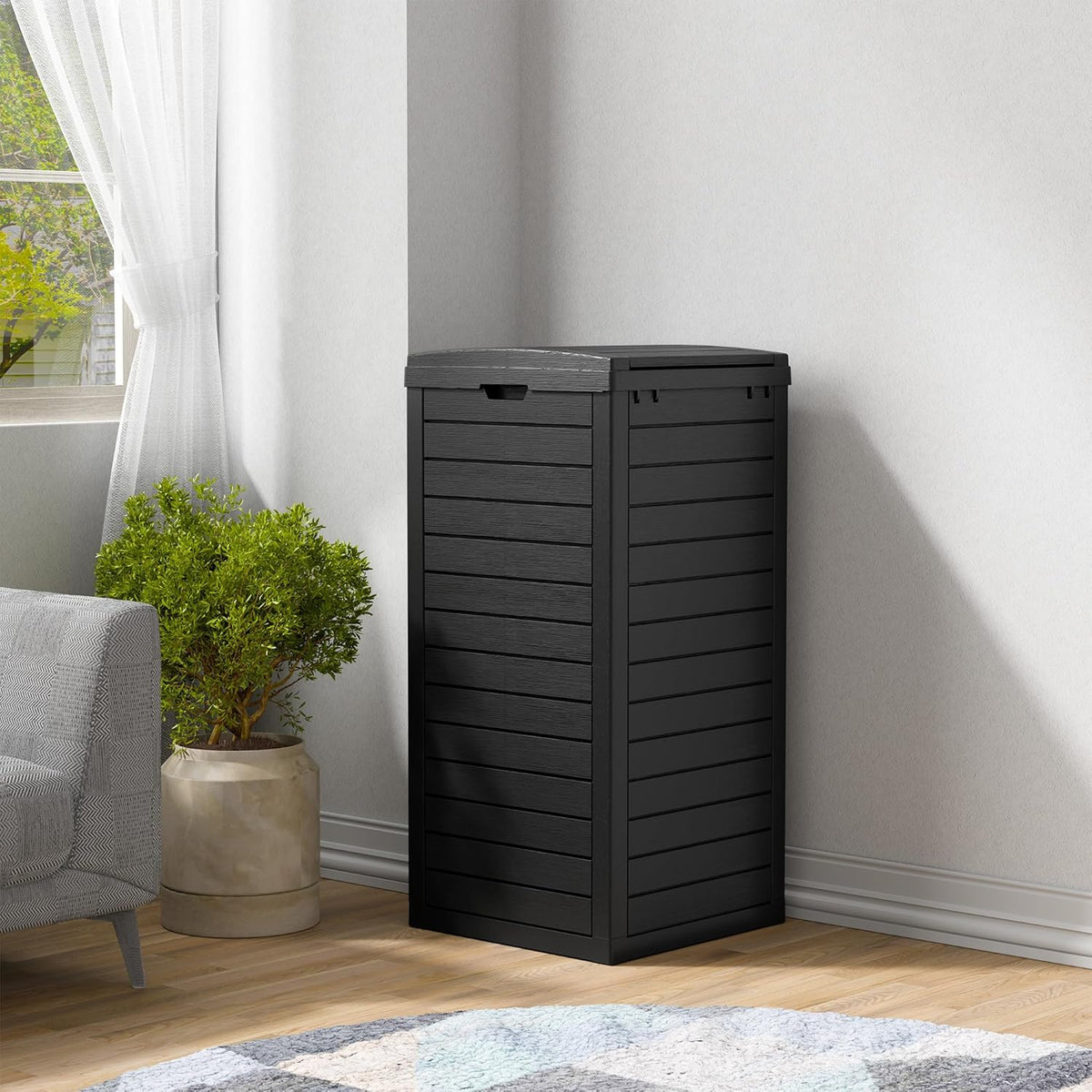 NUNU LAB 31 Gal Outdoor Trash Can with Lid - Heavy Duty Waterproof Resin, Removable Drip Tray, Fits