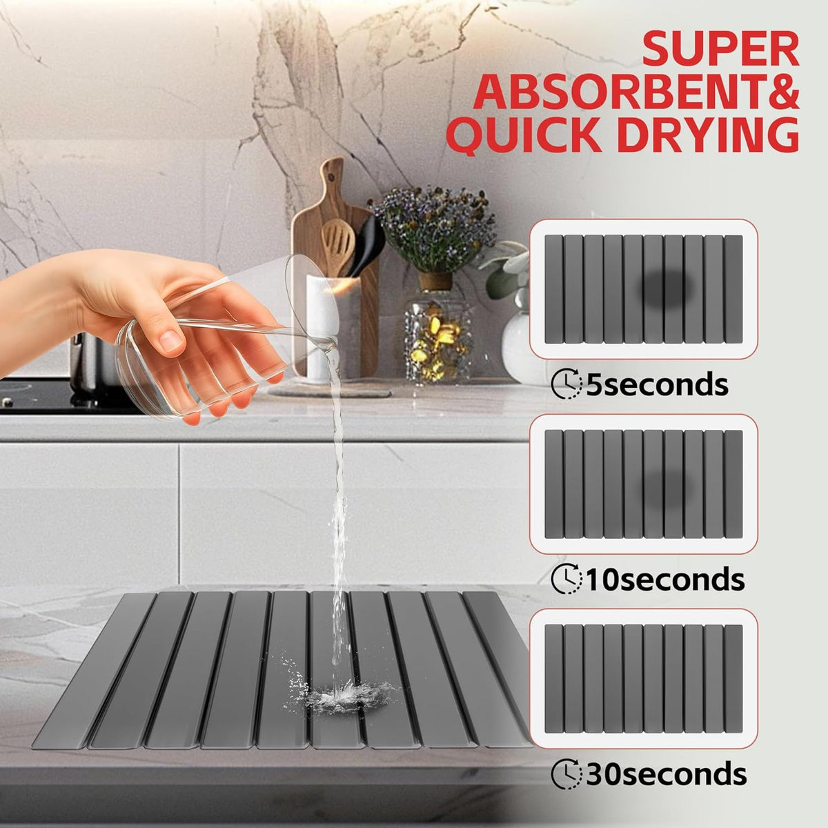 Stone Drying Mat For Kitchen Counter 24"x16" Foldable Super Absorbent Non-Slip Diatomaceous Earth