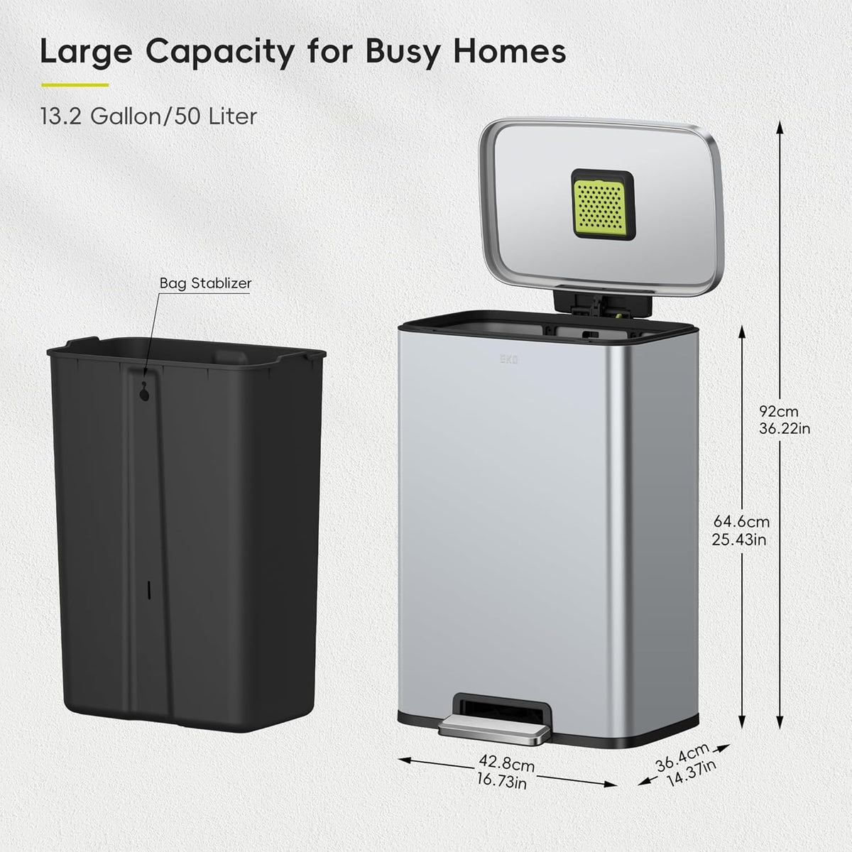 EKO Madison Matte Grey Stainless Steel 50 Liter/13.2 Gallon Step Trash Can with Inner Liner