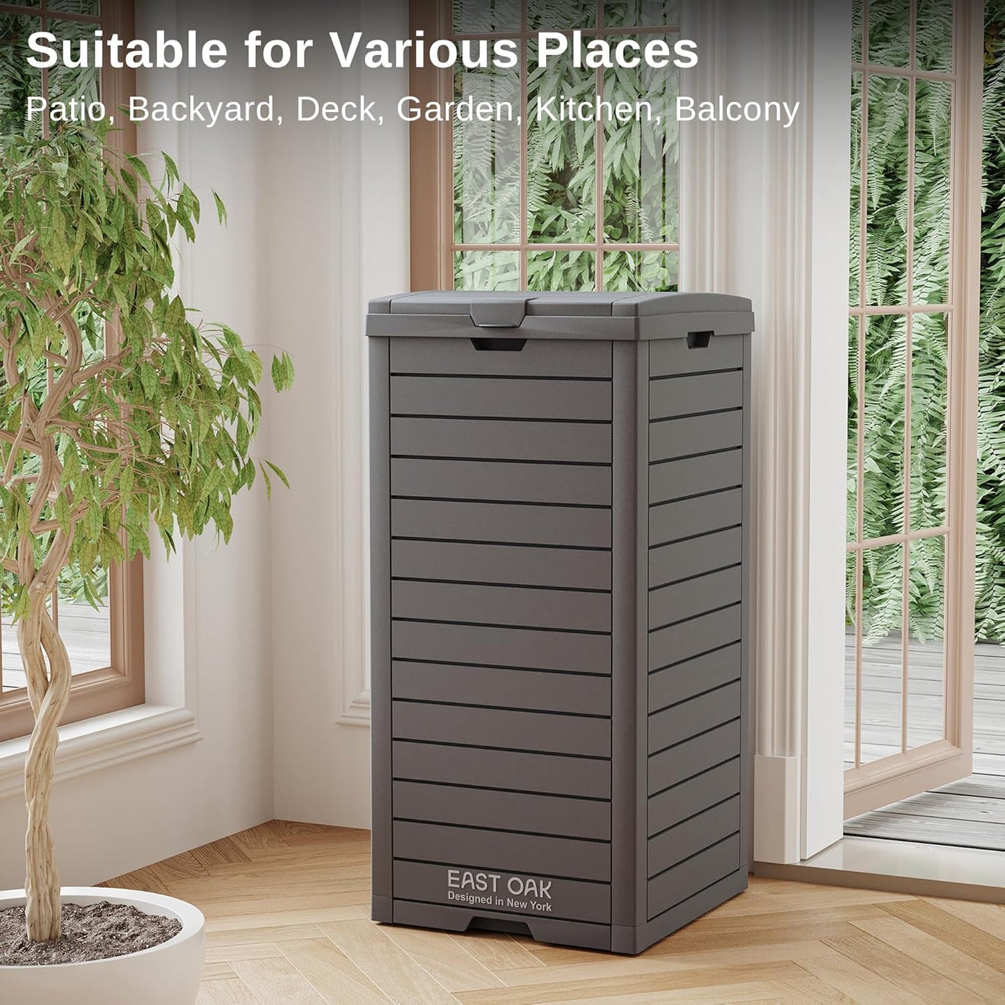 EAST OAK 38 Gallon Outdoor Trash Can | Waterproof Resin Garbage Can with Tiered Lid & Drip Tray |