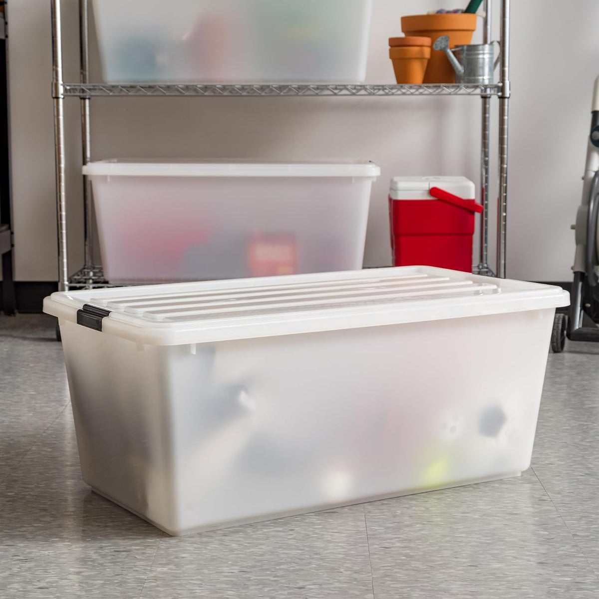 IRIS USA 91 Qt Stackable Plastic Storage Bins with Lids, 4 Pack - BPA-Free, Discreet Organizing
