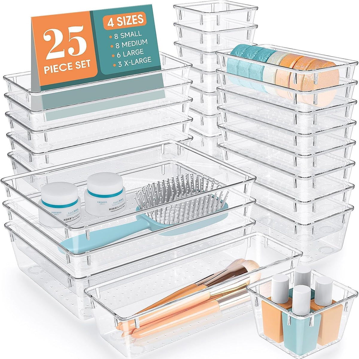 WOWBOX 25 PCS Clear Plastic Drawer Organizer Set, 4 Sizes Desk Drawer Divider Organizers and