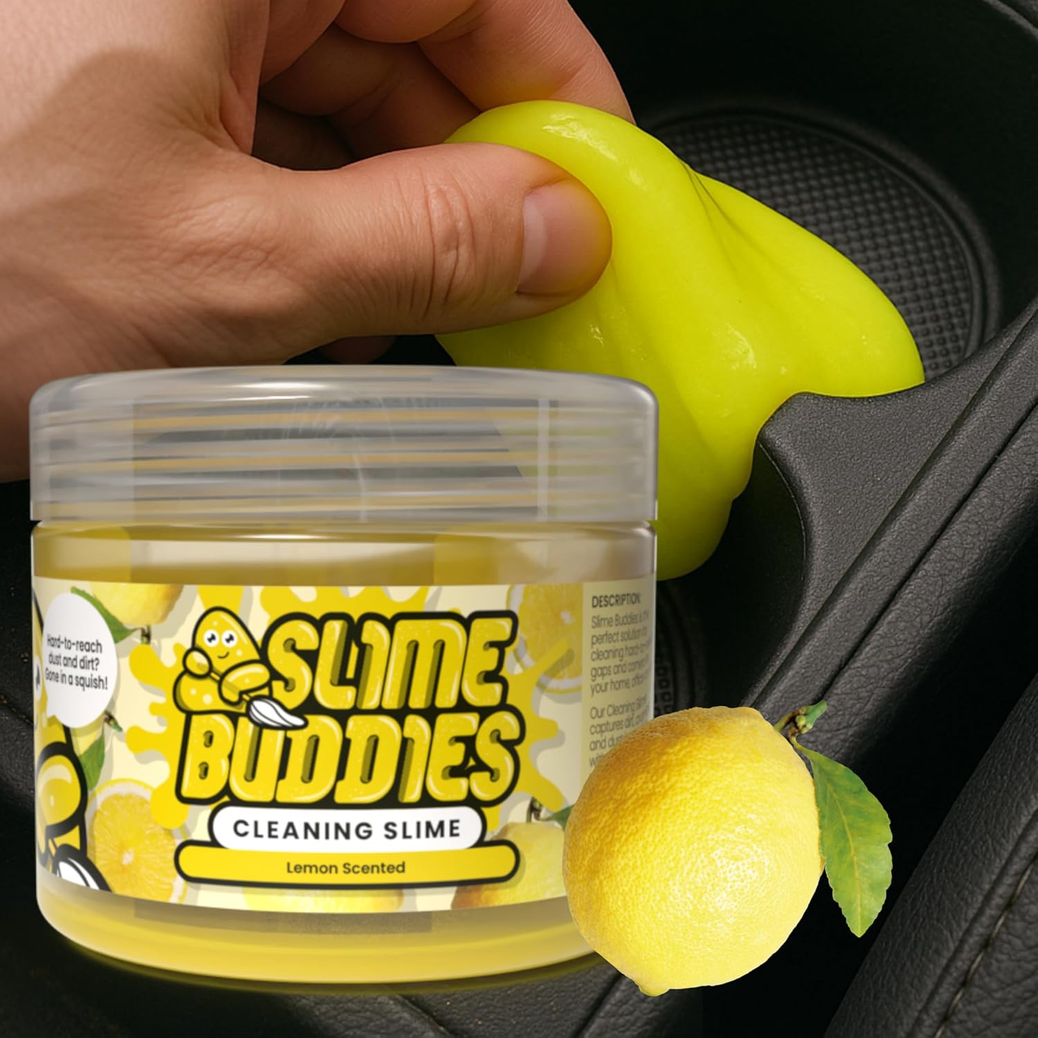 Slime Buddies Car Cleaning Gel Putty - Lemon Scented Interior Detailing Tool for Cup Holders, Air