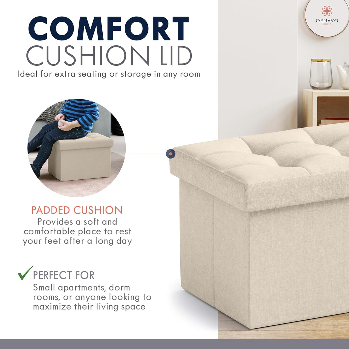 Ornavo Home Small Storage Ottoman, Set of 2, Foldable Collapsible Rectangle Linen Ottoman Foot Rest