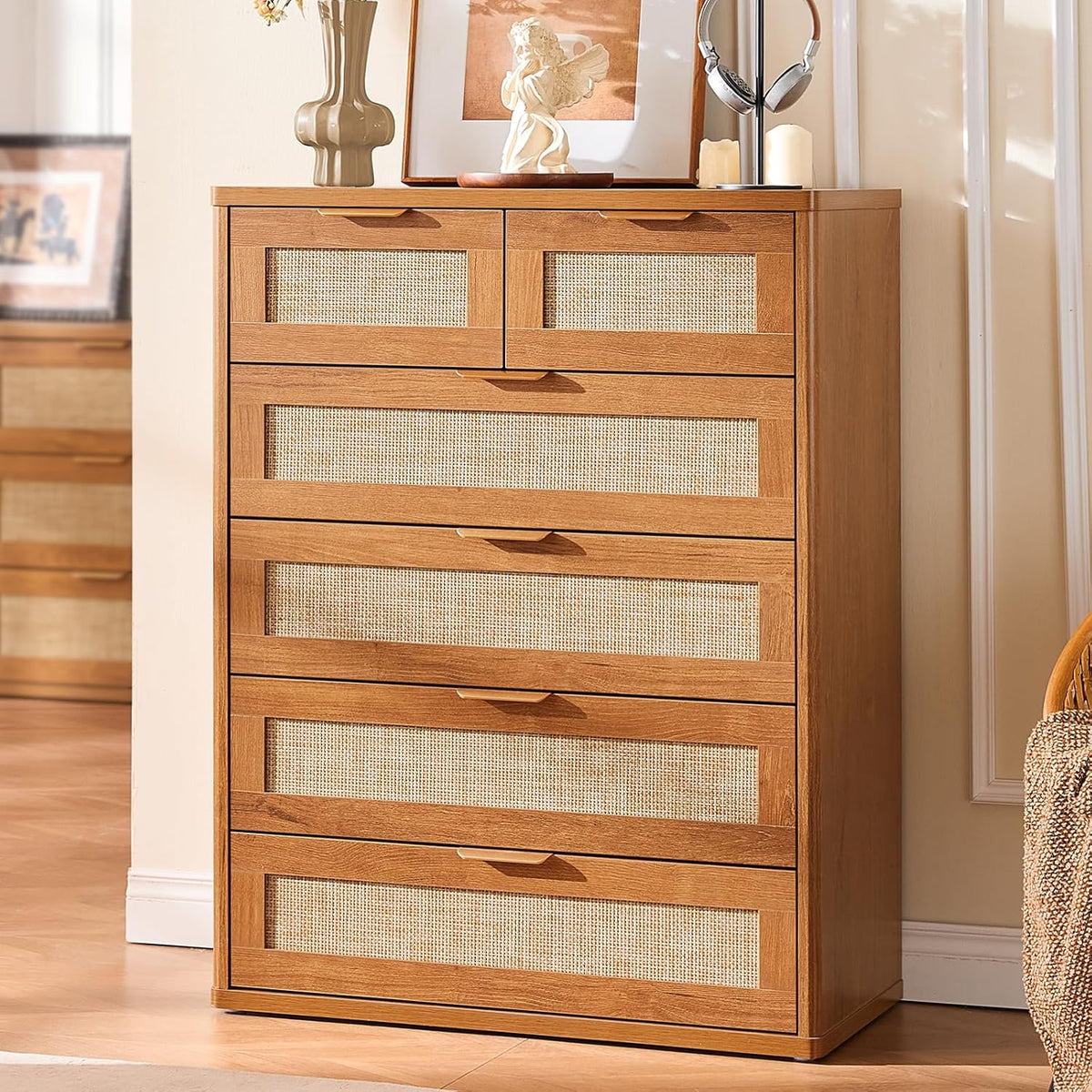 LEYAOYAO Rattan Dresser for Bedroom Set of 2, 42" Tall Chest of Drawers, Modern 6 Drawers Boho