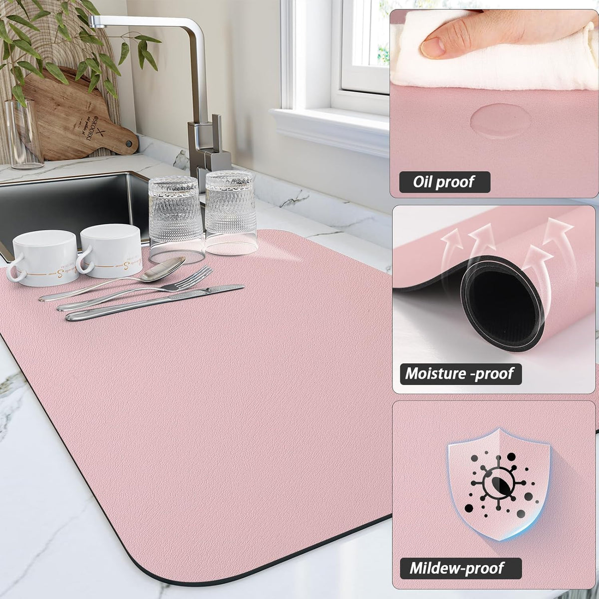 Dish Drying Mat for Kitchen Counter, Heat Resistant Drainer Mats with Non-slip Rubber Backed, Hide