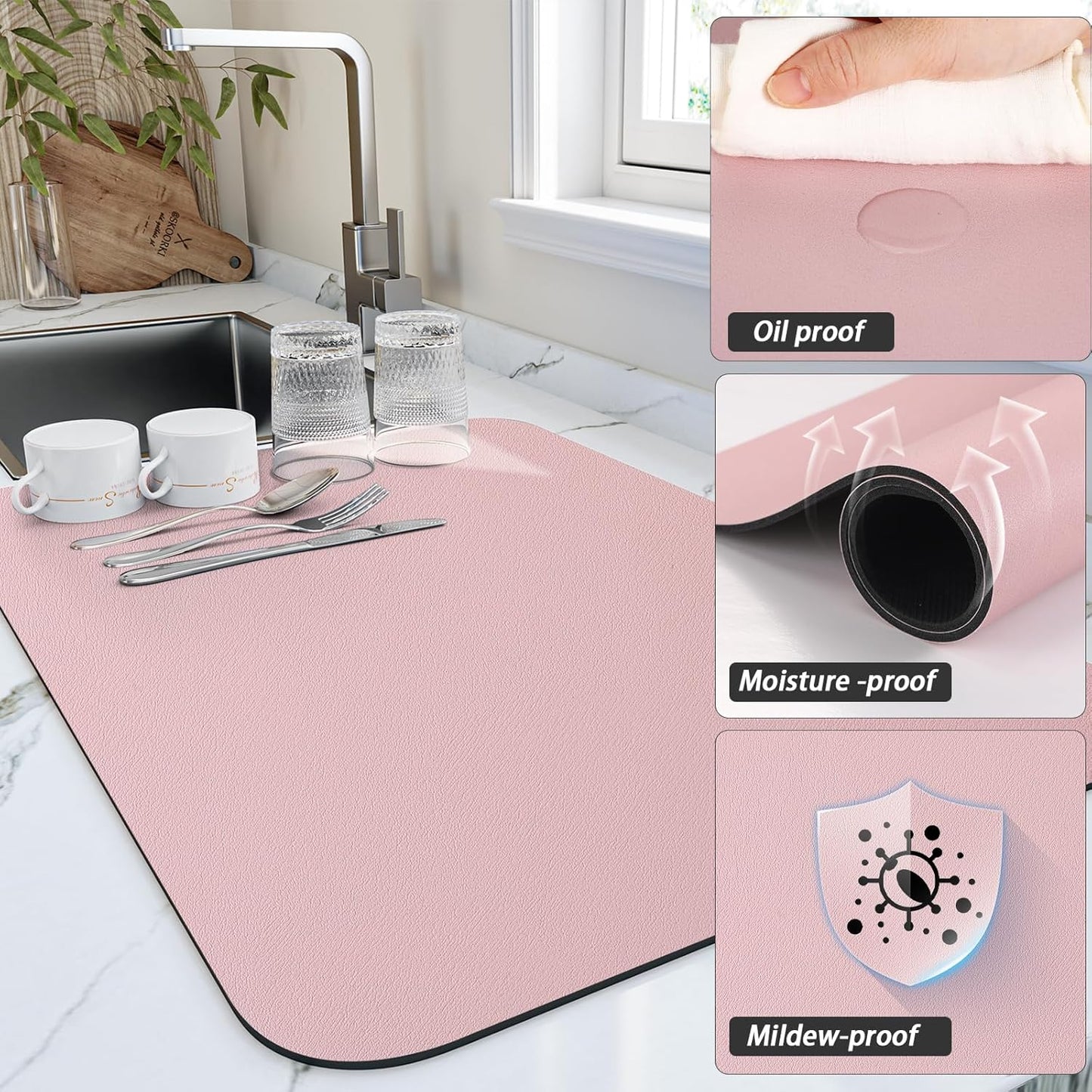 Dish Drying Mat for Kitchen Counter, Heat Resistant Drainer Mats with Non-slip Rubber Backed, Hide