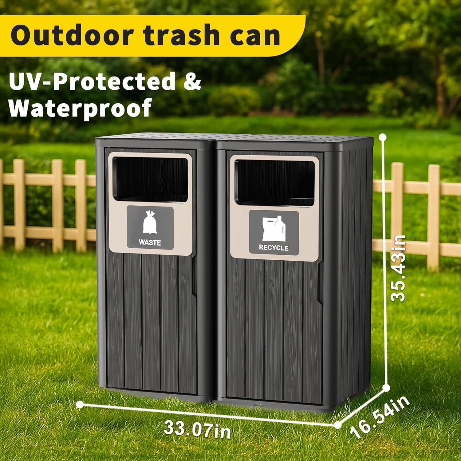 Outdoor Double Barrel Trash Can,Waterproof Resin Garbage Can with Garbage Labels,Durable Waste Bin