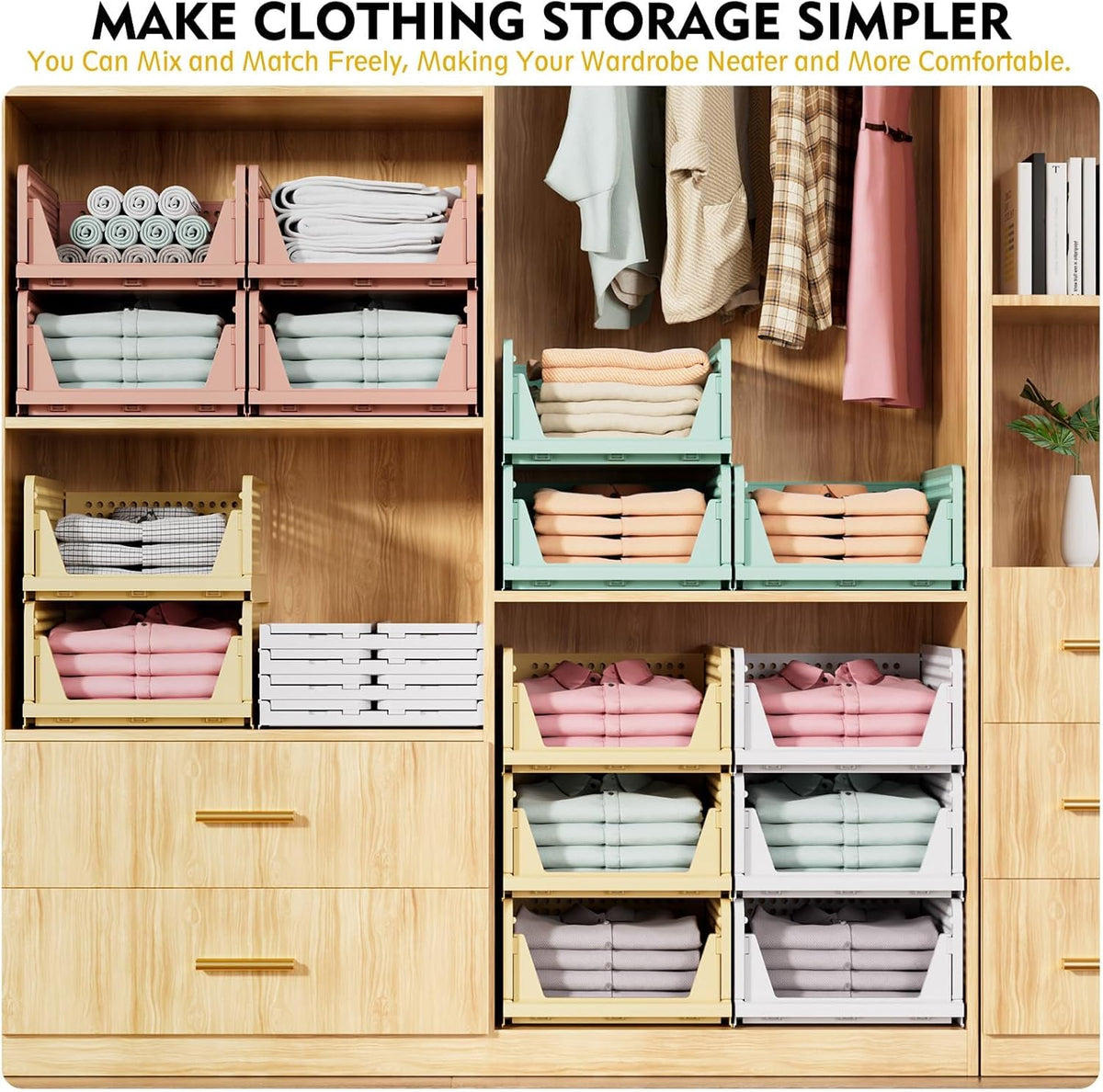 SNSLXH 5 Pack Stackable Closet Storage Basket, Multifunctional & Foldable Closet Organizer for